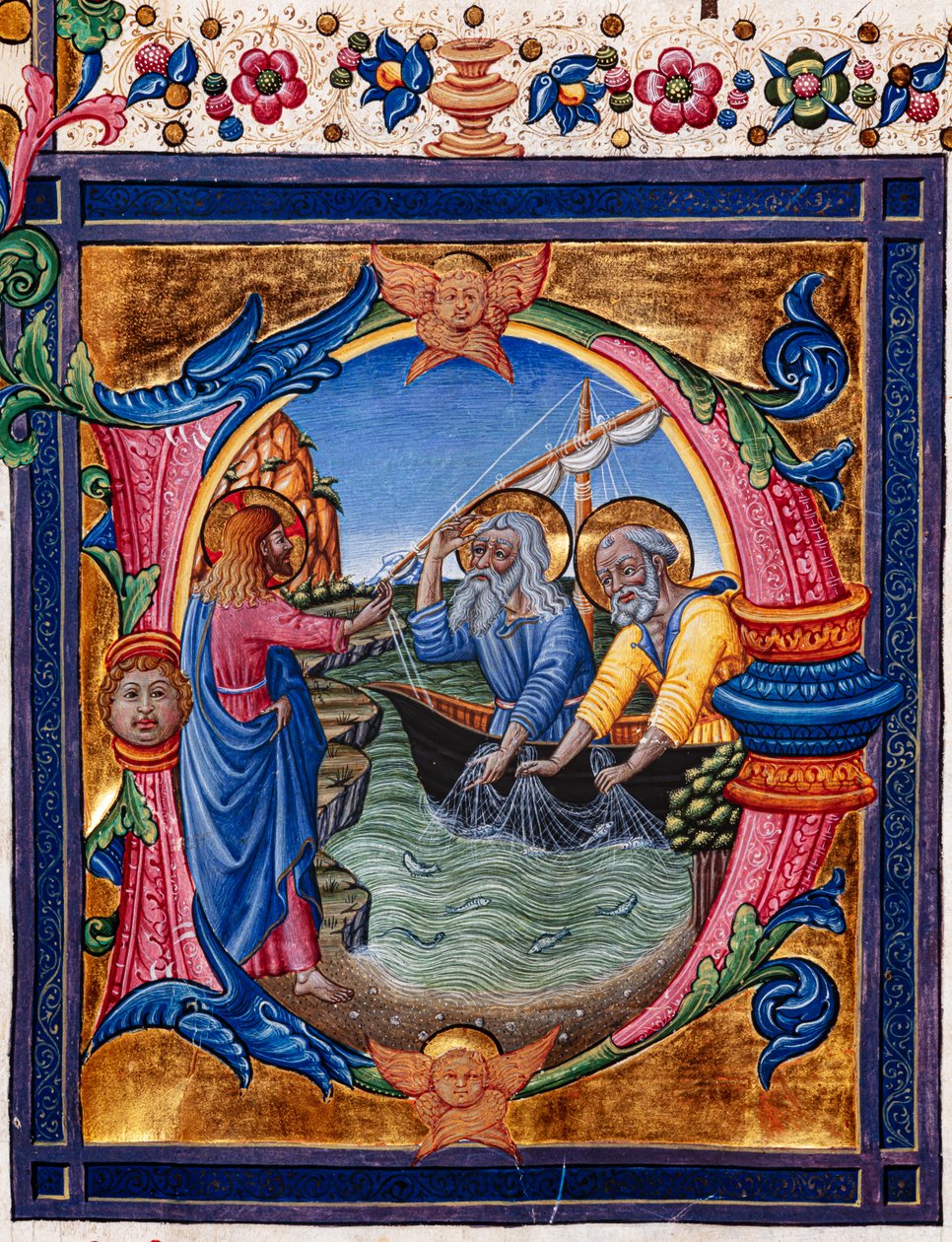 Piccolomini-Bibliothek: Chorbuch, cod. 11.M, ff. 4r mit „Berufung von St. Peter und St. Andreas“ (Detail) von Pellegrino di Mariano