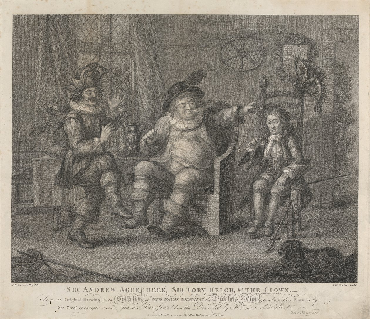 Sir Andrew Aguecheek, Sir Toby Belch und der Clown - "Was ihr wollt", Akt II, Szene III von Peltro W. Tomkins