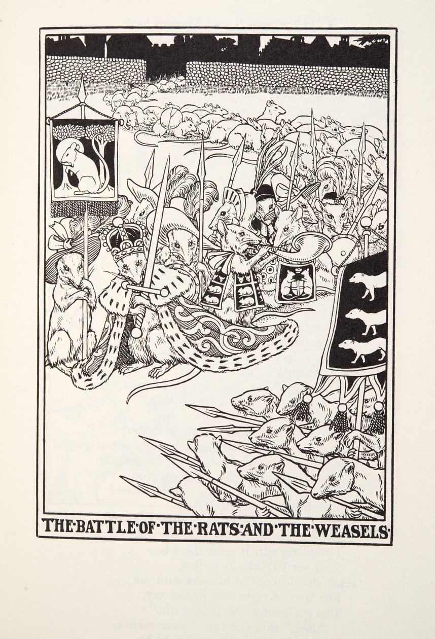 Der Kampf der Ratten und der Wiesel, aus Fontaine Fabeln, veröffentlicht 1905 von Percy J. Billingshurst