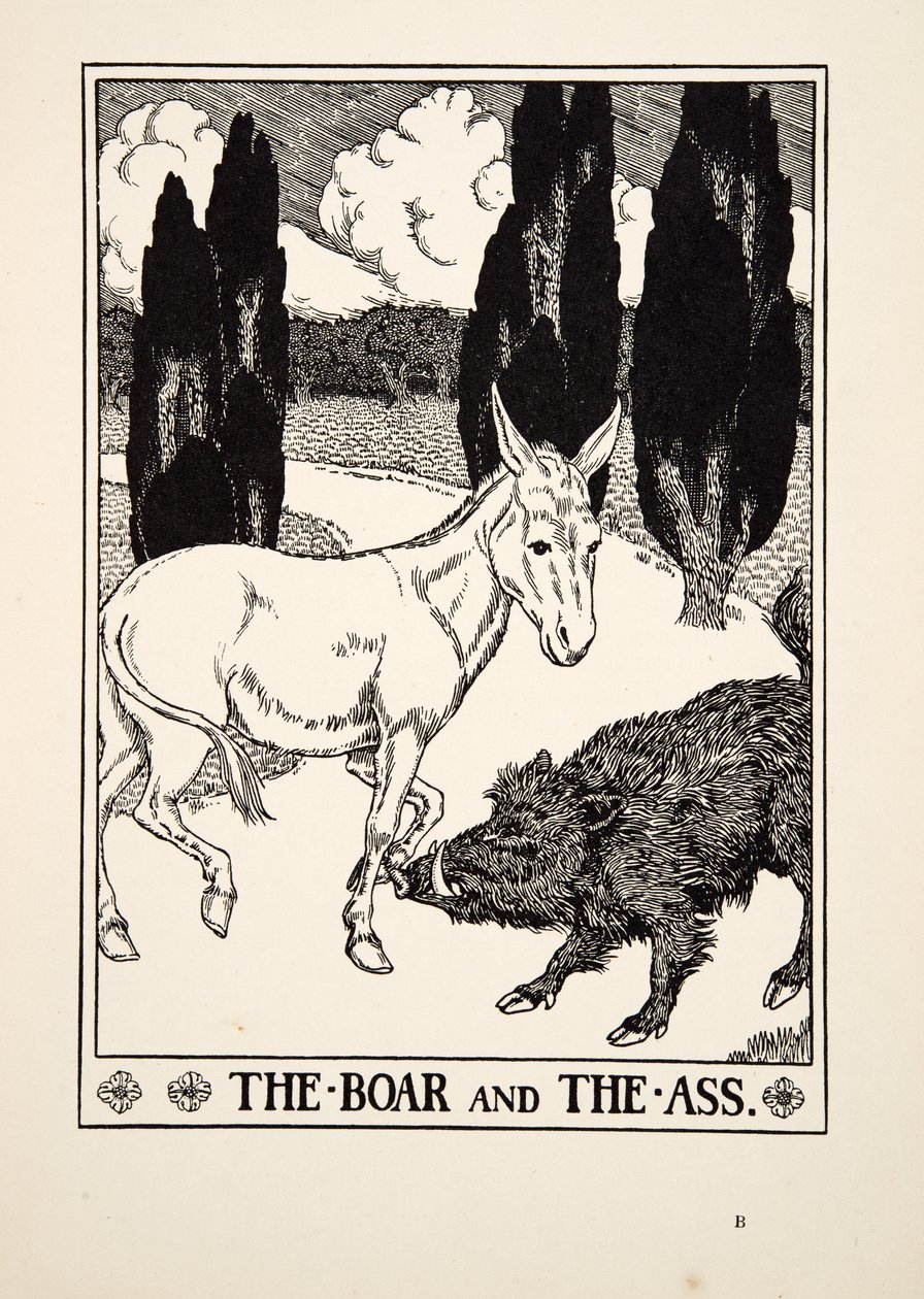 Der Eber und der Esel, aus Hundert Fabeln von Äsop, veröffentlicht 1903 von Percy J. Billingshurst