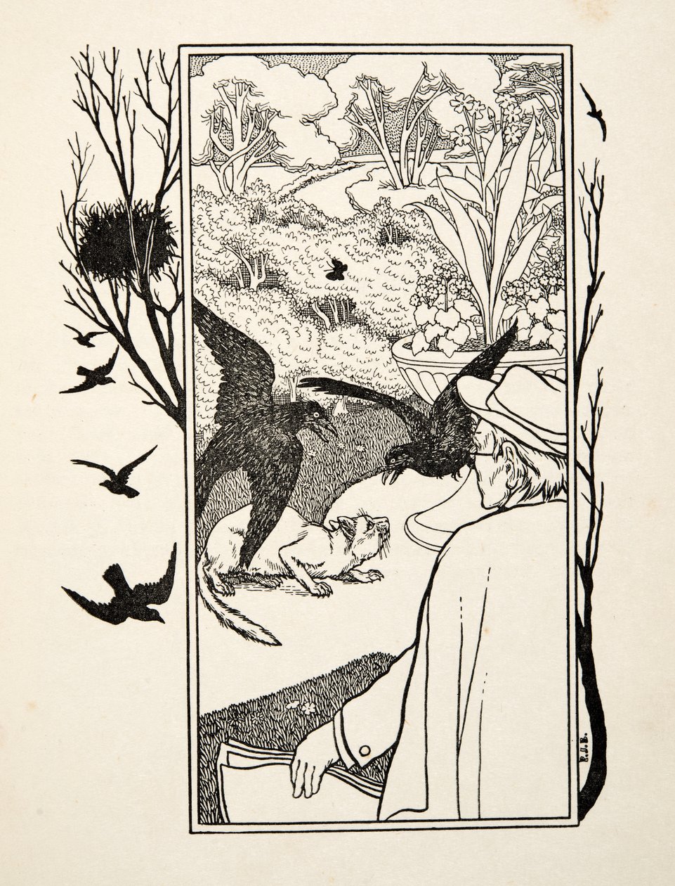 Die Katze und die Krähen, aus Hundert Anekdoten von Tieren, veröffentlicht 1924 von Percy J. Billingshurst