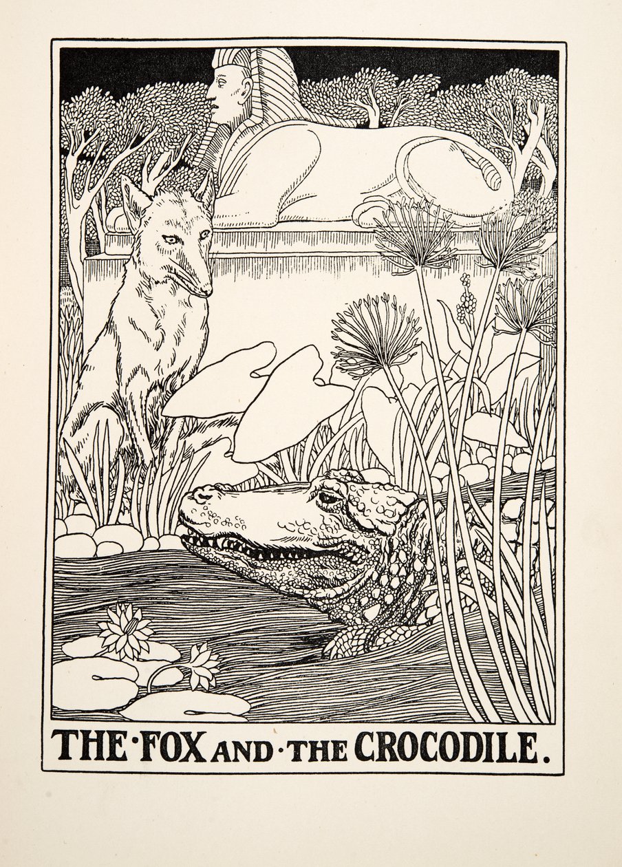 Der Fuchs und das Krokodil, aus Hundert Fabeln von Äsop, veröffentlicht 1903 von Percy J. Billingshurst