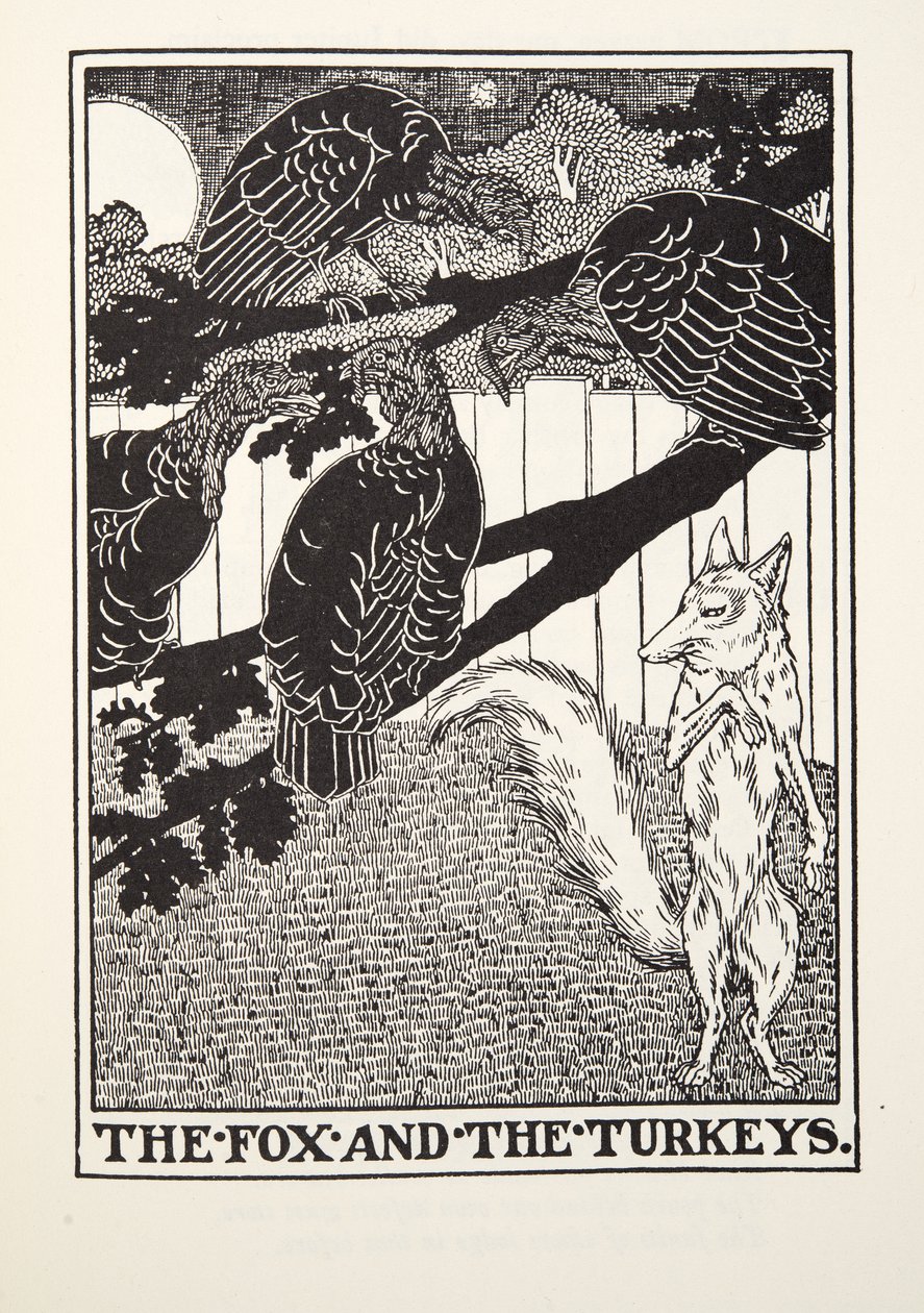 Der Fuchs und die Truthähne, aus Fontaine Fabeln, veröffentlicht 1905 von Percy J. Billingshurst