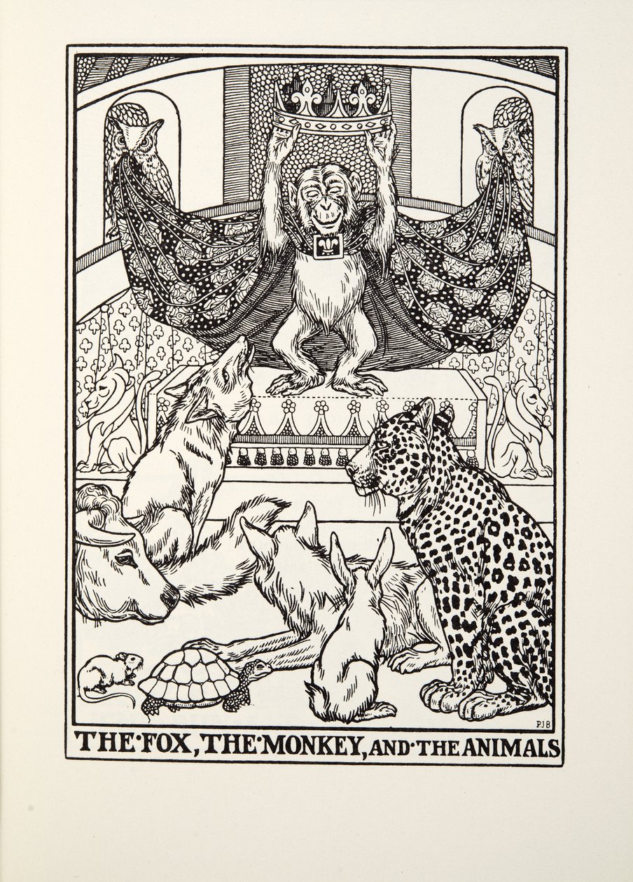 Der Fuchs, der Affe und die Tiere, aus Fontaine Fabeln, veröffentlicht 1905 von Percy J. Billingshurst