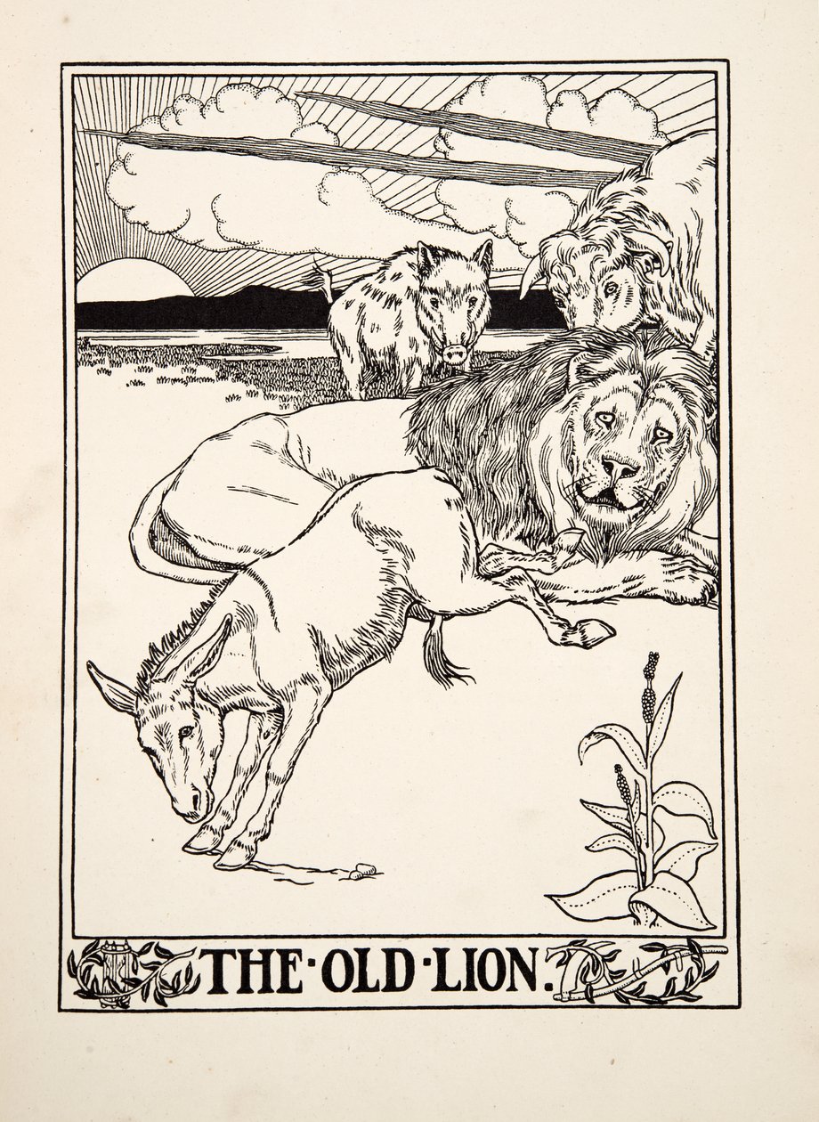 Der alte Löwe, aus Hundert Fabeln von Äsop, veröffentlicht 1903 von Percy J. Billingshurst