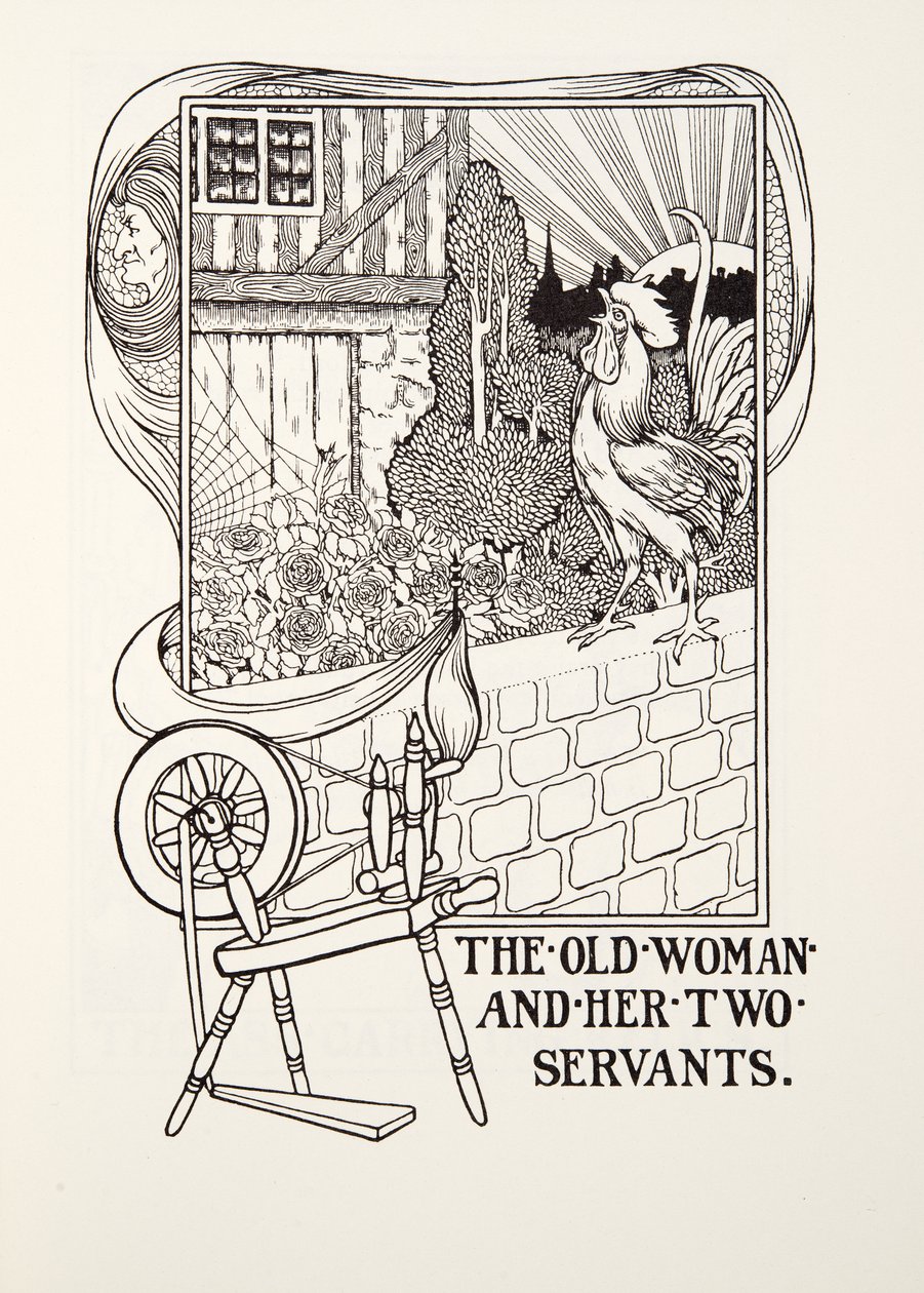 Die alte Frau und ihre zwei Diener, aus Fontaine Fabeln, veröffentlicht 1905 (Gravur) von Percy J. Billingshurst