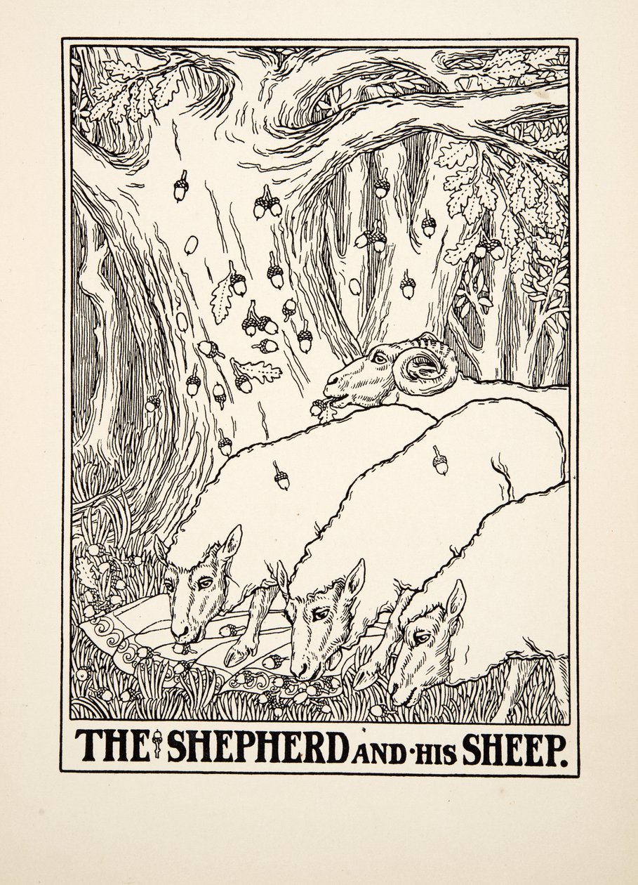 Der Hirte und seine Schafe, aus Hundert Fabeln von Aesop, veröffentlicht 1903 von Percy J. Billingshurst