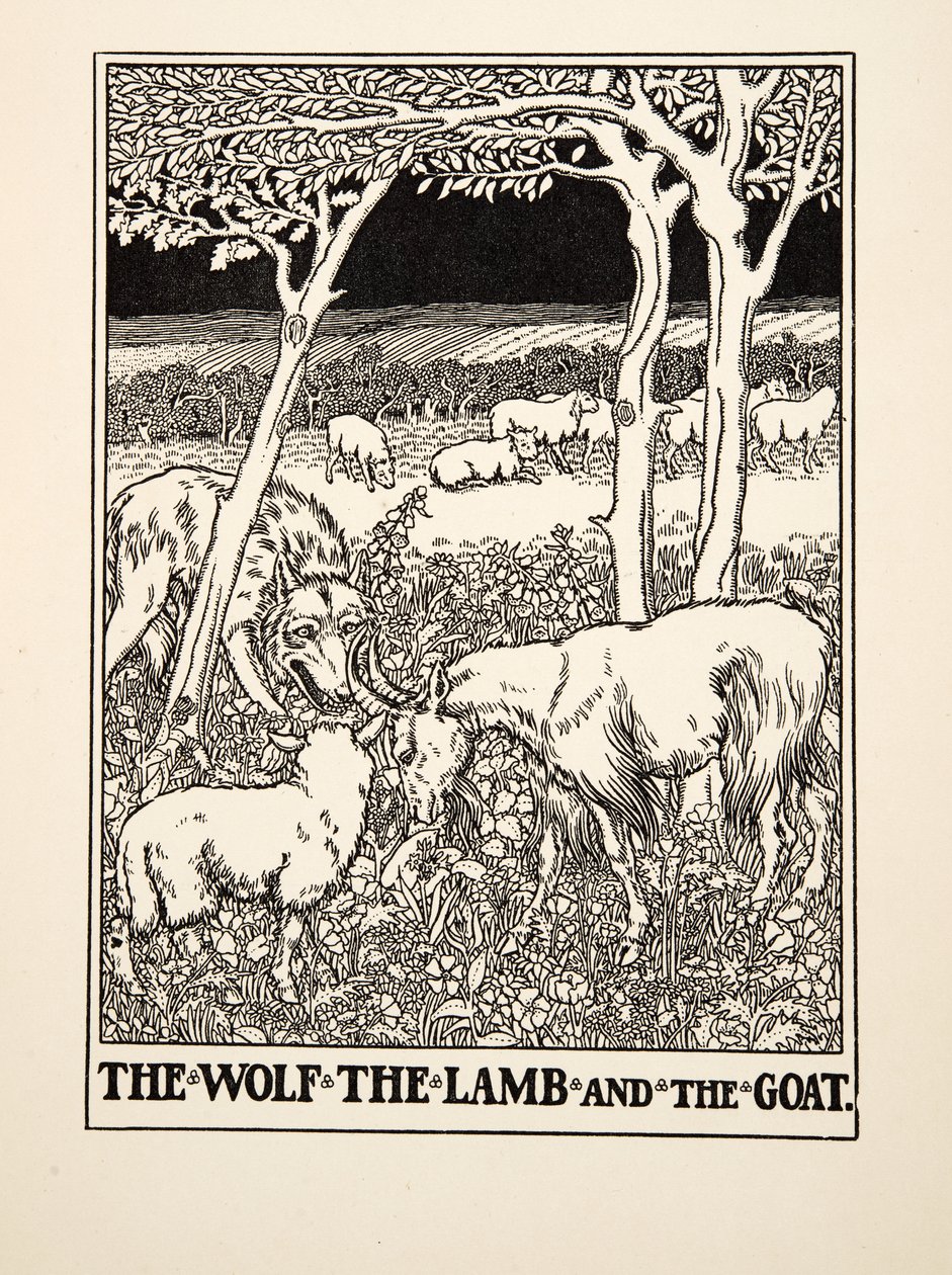 Der Wolf, das Lamm und die Ziege, aus Hundert Fabeln von Äsop, veröffentlicht 1903 (Gravur) von Percy J. Billingshurst
