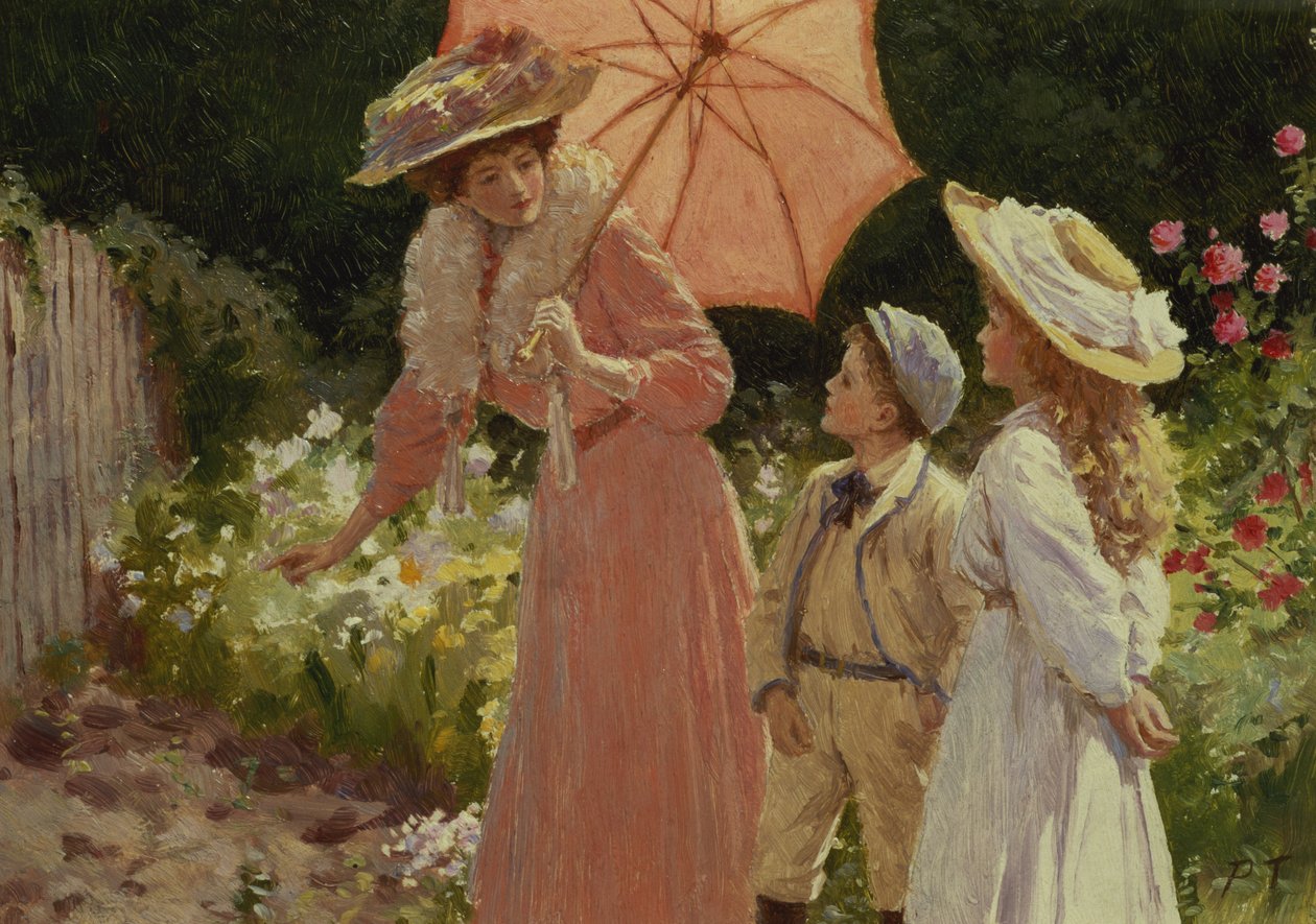 Eine Dame mit einem Sonnenschirm zeigt, wie man ein Erdbeerfass macht von Percy Tarrant
