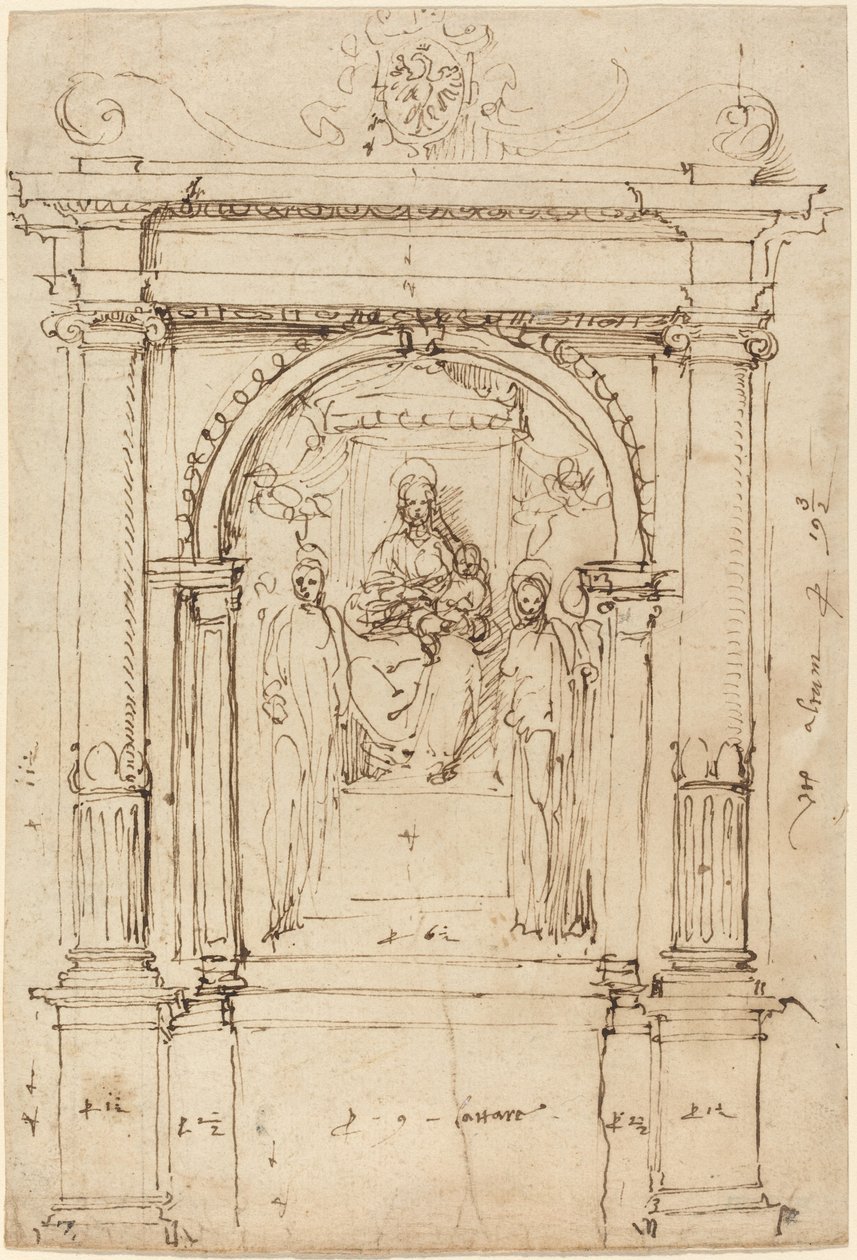 Altarbild der Madonna mit Kind und Heiligen in seiner architektonischen Umgebung von Perino del Vaga