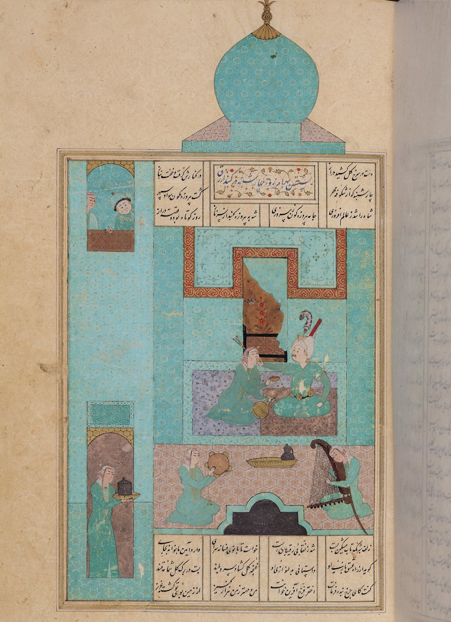 Ms D-212 fol.216a Bahram besucht eine Prinzessin im Türkispavillon, Illustration zu 