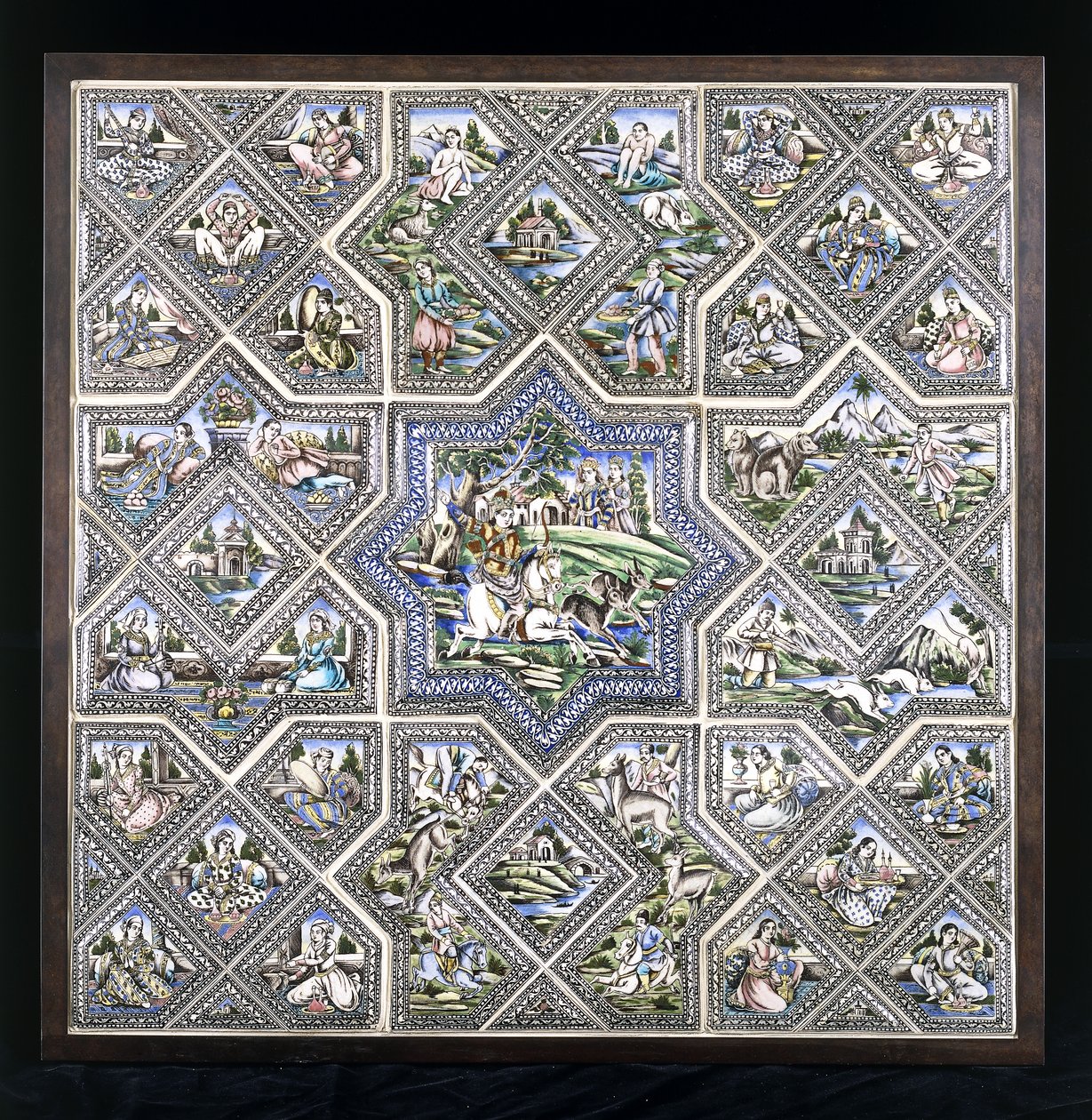 Ein Keramikfliesen-Panel, das Bahram Gur bei der Jagd und mehrere andere Figuren in verschiedenen Szenen darstellt von Persian School