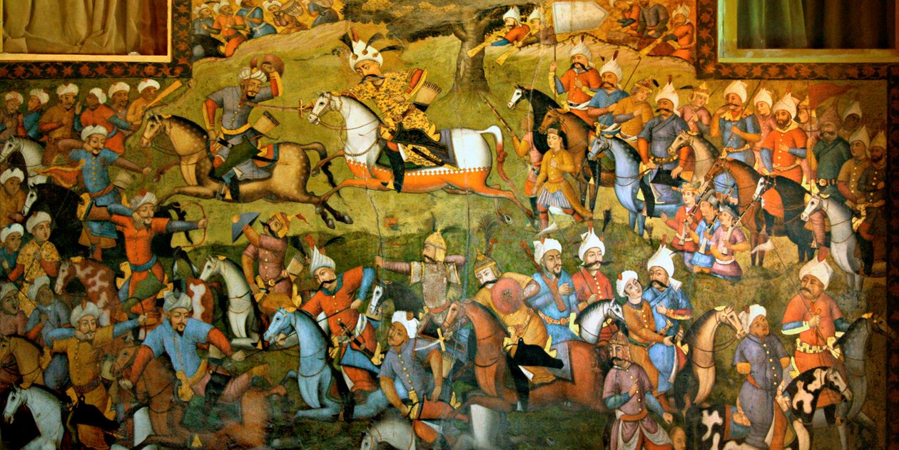 Schlacht von Taher-Abad oder Schlacht von Merv mit dem Sieg von Schah Ismail I. über Muhammad Shaybani Khan, Empfangshalle, Chehel Sotun, 1647 von Persian School