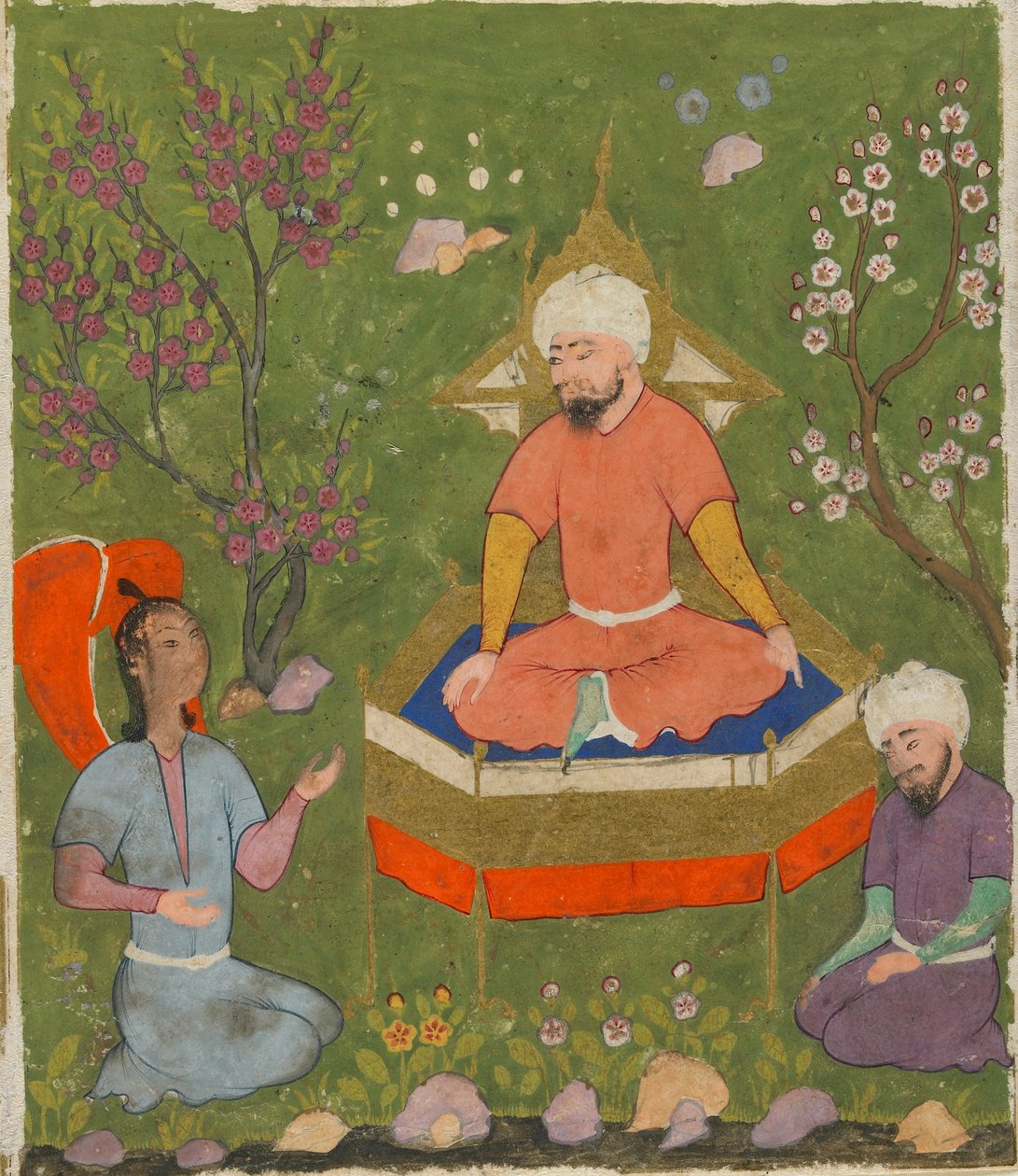 Seite aus Ajaib al-Makhluqat (Wunder der Schöpfung) von al-Qazwini; recto: Heiligenscheinfigur auf dem Thron, Qazwin, Iran, ca. 1590-1600 von Persian School