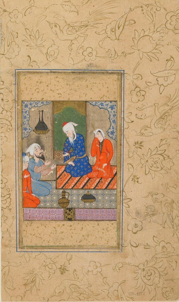 Seite aus einem Yusuf u Zulaykha von Jami; Zulaykha und ein älterer Mann hören einem Gespräch zu, möglicherweise Maschhad, Iran, ca. 1560-70 von Persian School