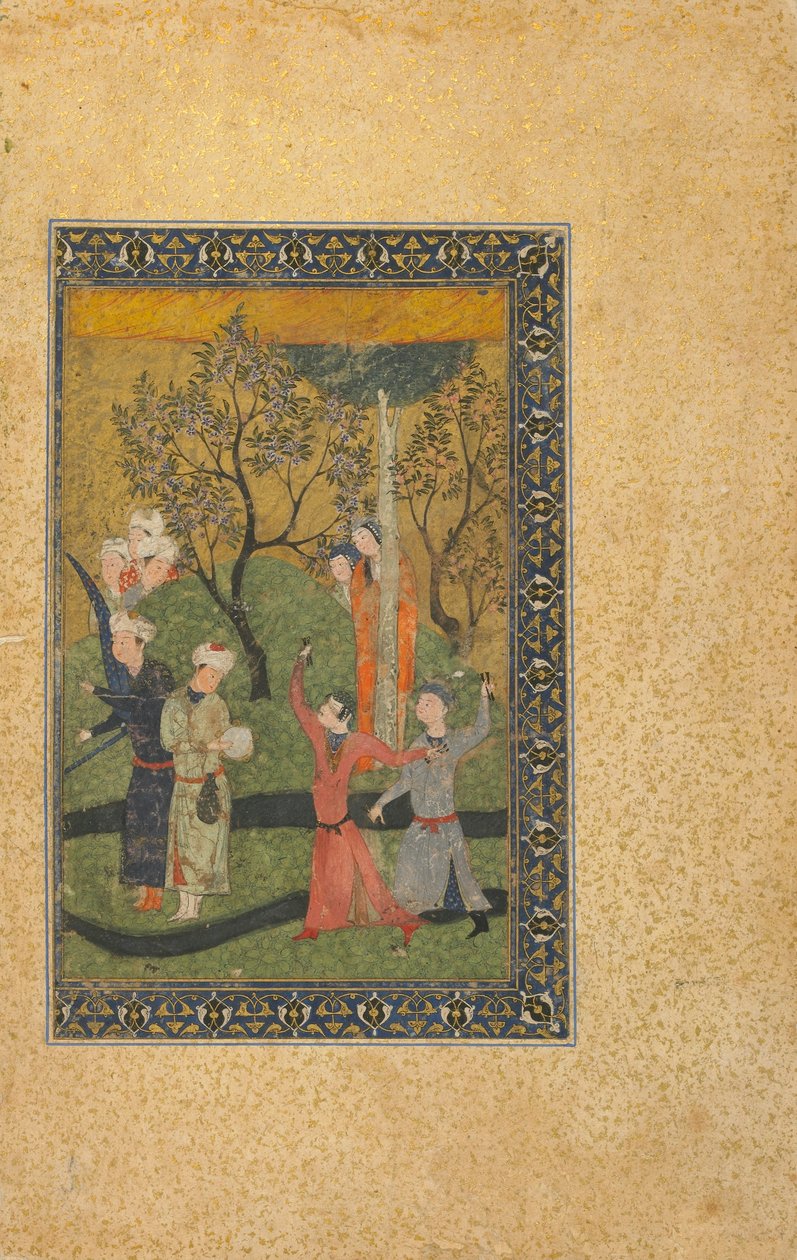 Seite aus einem unidentifizierten Text; Ein Prinz und eine Prinzessin umgeben von Höflingen in einem Garten, Iran, Turkmenenzeit, ca. 1480 von Persian School