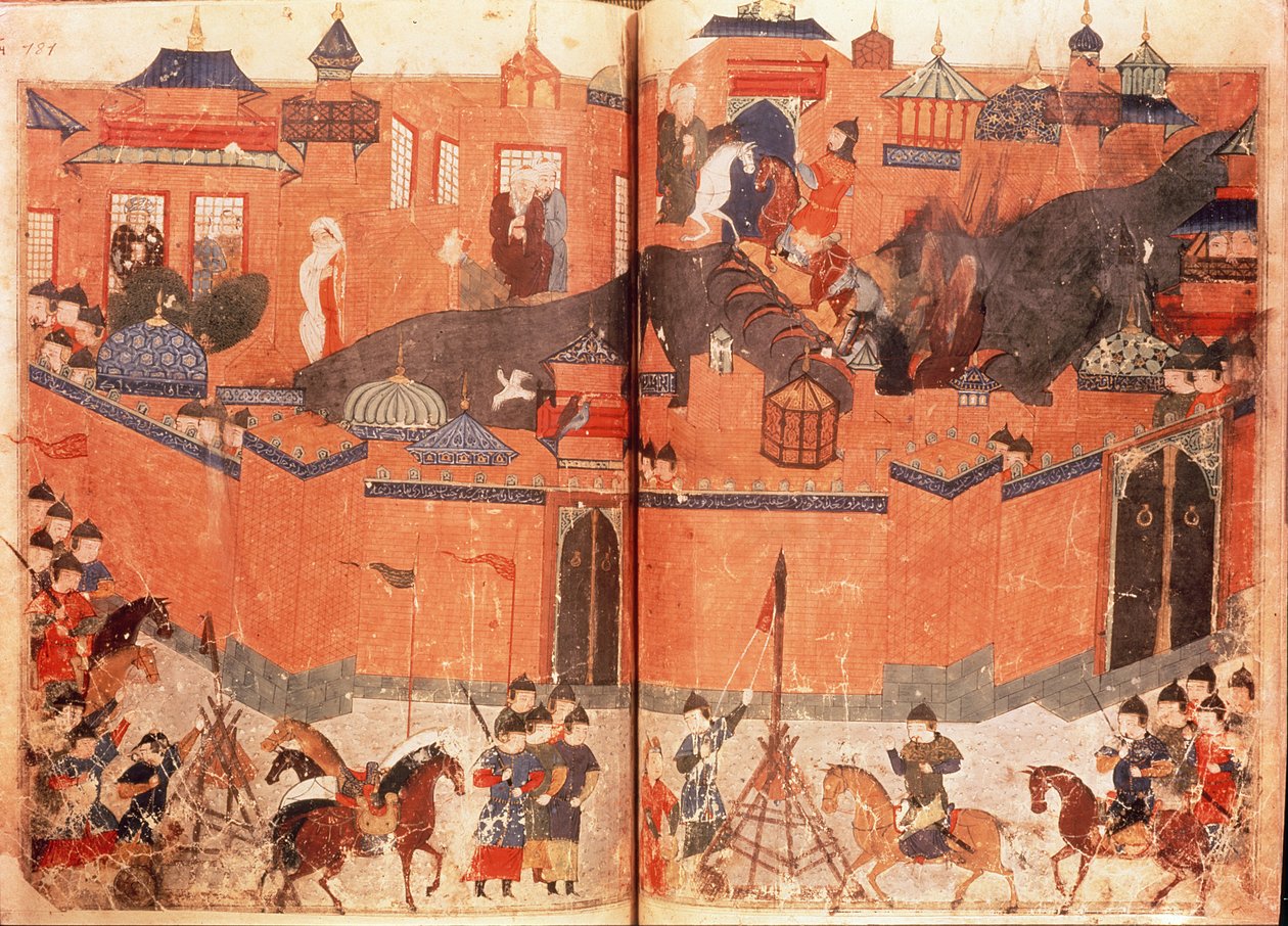 Ms.Sup.Pers.1113.f.180v-181 Mongolen unter der Führung von Hulagu Khan stürmen und erobern Bagdad im Jahr 1258, aus einem Buch von Rashid al-Din (1247-1318) von Persian School
