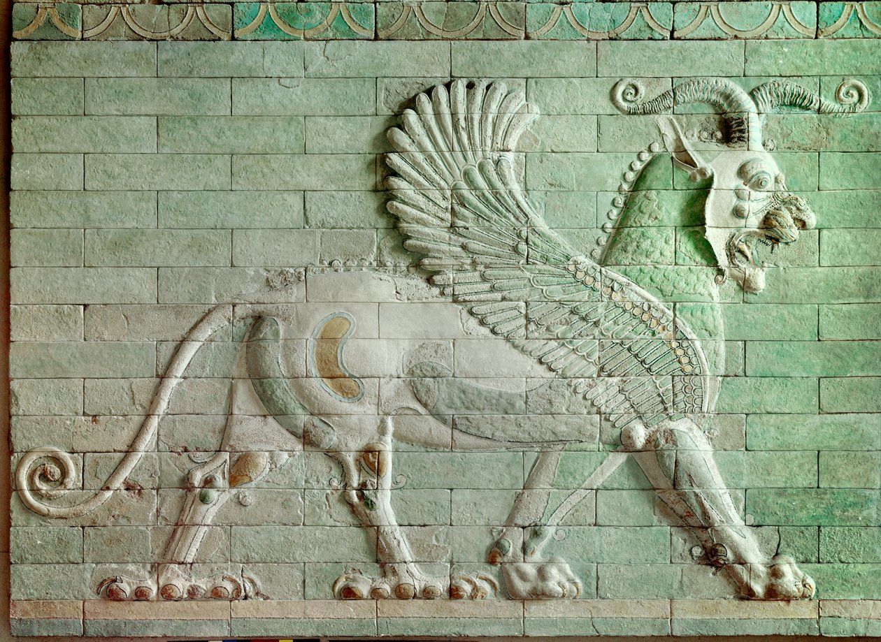 Persische Periode Rouenide: Flachrelief in emailliertem Ziegel, das einen Greif darstellt von Persian School