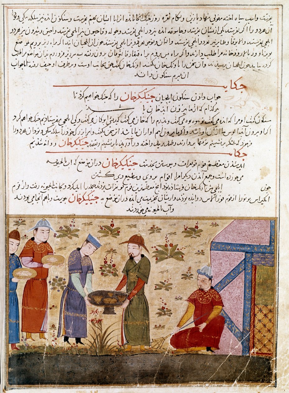 Darstellung von Dschingis Khan (1162-1227) beim Schließen von Allianzen. Persische Miniatur aus „Jami al-Tawarikh“ (Jami al tawarikh) oder „Universalgeschichte“ von Historiker Rashid al-Din (al din) (1247-1318) um 1430. Paris, B.N. von Persian School