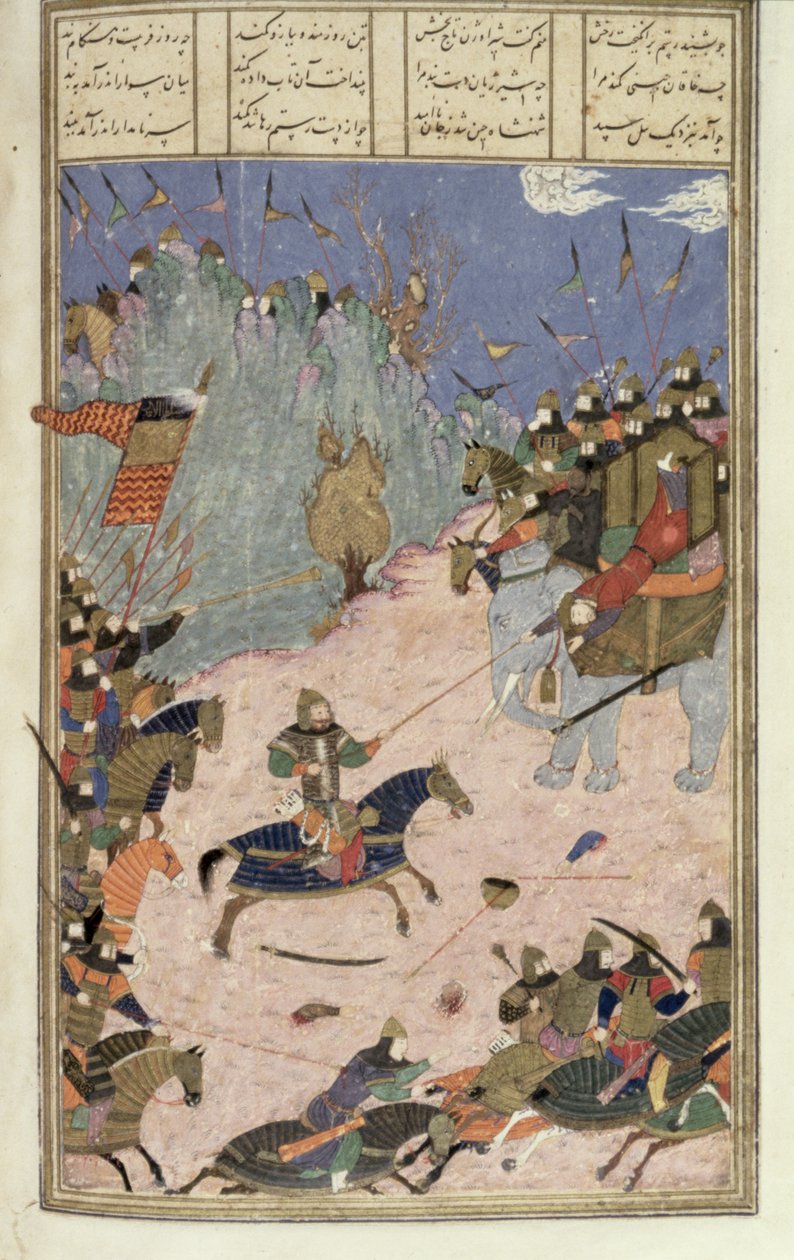 Rustam zieht den Khaqan von seinem Elefanten, Illustration aus dem Shahnama (Buch der Könige) von Abul-Qasim Manur Firdawsi (ca. 934-ca. 1020) ca. 1440-45 von Persian School