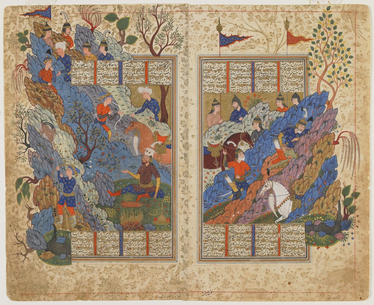 Rustam stößt den Felsen zurück, der von Bahman auf ihn gerollt wurde, aus einem Shahnama (Buch der Könige), ca. 1590-1600 von Persian School