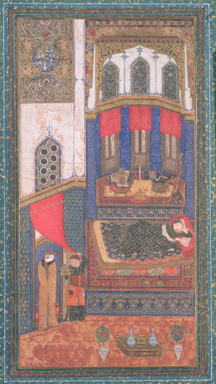 Tahmina kommt in Rustams Kammer, Illustration aus dem Shahnama (Buch der Könige), von Abul-Qasim Manur Firdawsi (ca. 934-ca. 1020), aus Herat, Afghanistan, ca. 1410 von Persian School