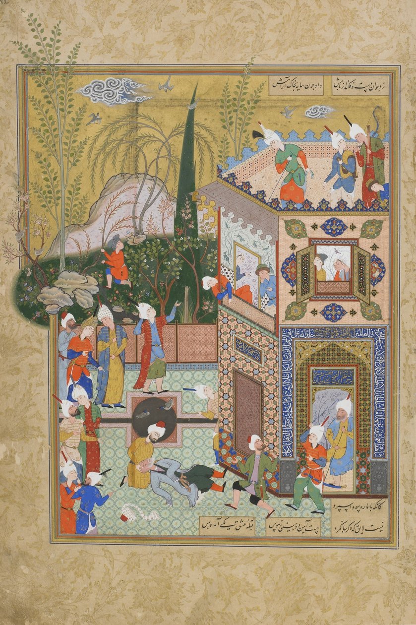 Der wankelmütige alte Liebhaber wird vom Dach gestoßen, Folio aus einem Haft Awrang (Sieben Throne) von Jami (gest. 1492), wahrscheinlich Mashad, Khurasan, Iran, Safawiden-Dynastie, 1556-1565 von Persian School