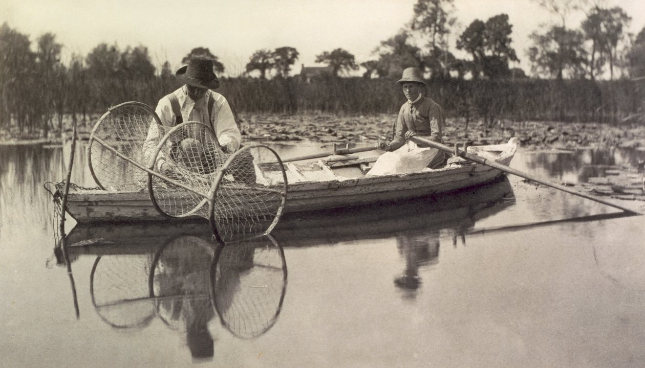 Das Setzen des Bogennetzes, Leben und Landschaft auf den Norfolk Broads; um 1886 von Peter Emerson und Thomas Goodall