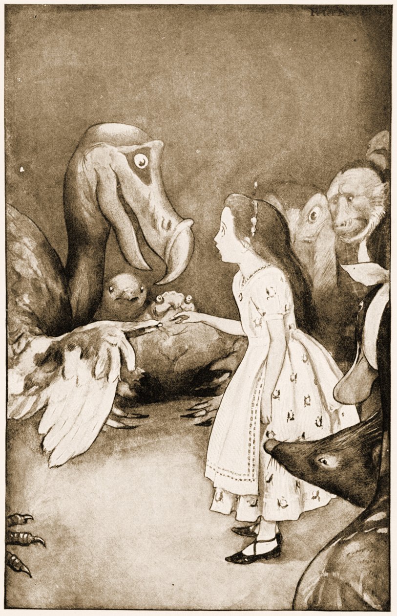 "Der Dodo überreichte feierlich den Fingerhut", Illustration für Lewis Carrolls "Alice im Wunderland", 1901 von Peter Newell