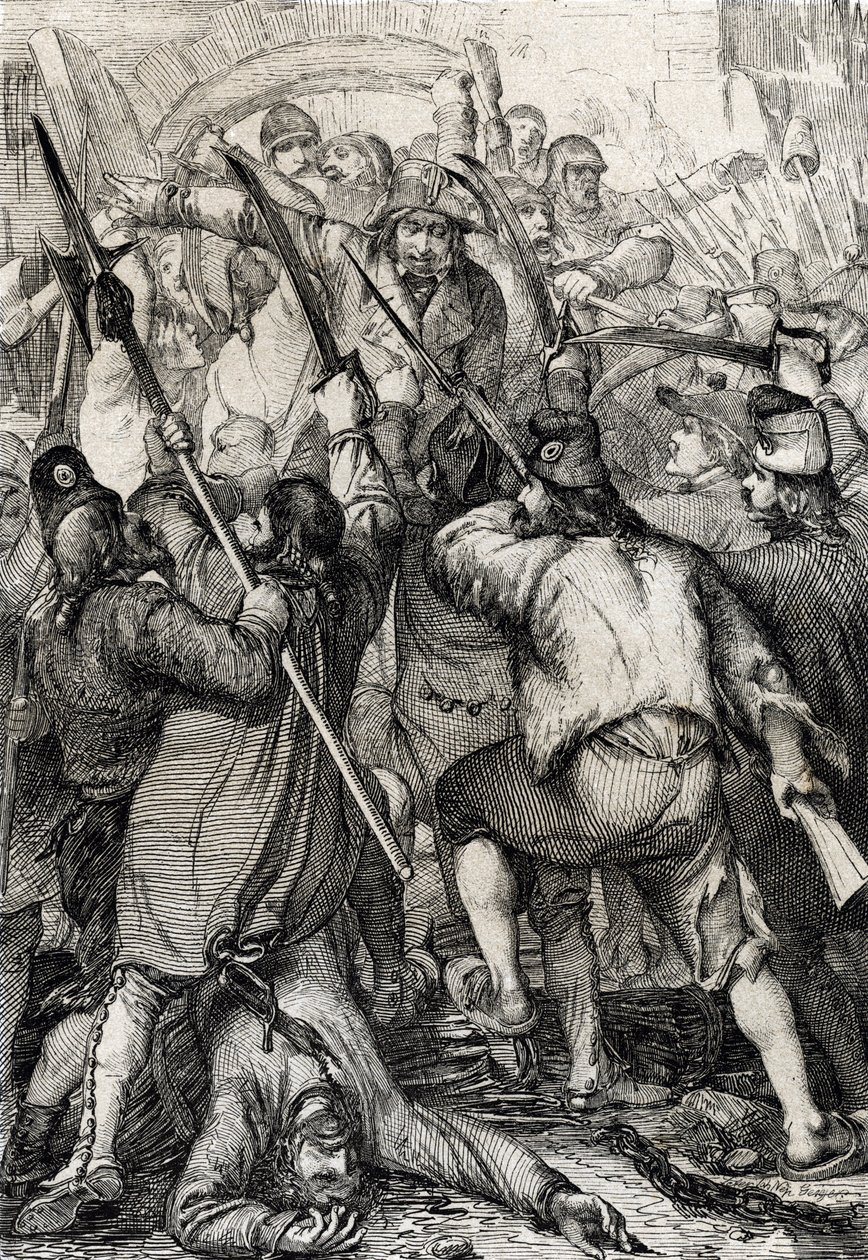 Französische Revolution: Das bewaffnete und wütende Volk stürmt die Bastille und ermordet die Garnison und den Gouverneur von Peter Johann Nepomuck Geiger