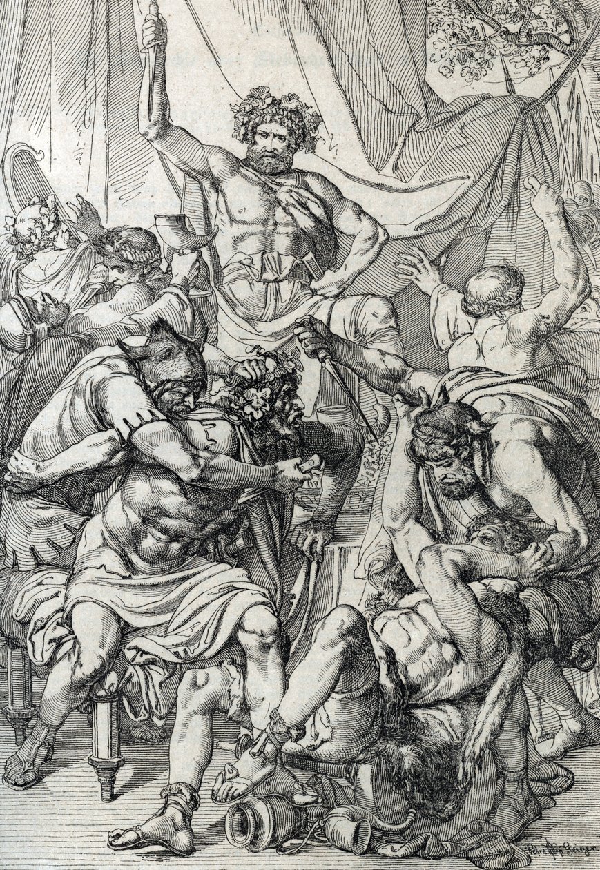 Heptarchie: Darstellung des angelsächsischen Anführers Hengist (5. Jahrhundert), der seine Feinde tötet, um das Königreich Kent zu gründen, um 461. Federzeichnung von Peter Johann Nepomuck Geiger