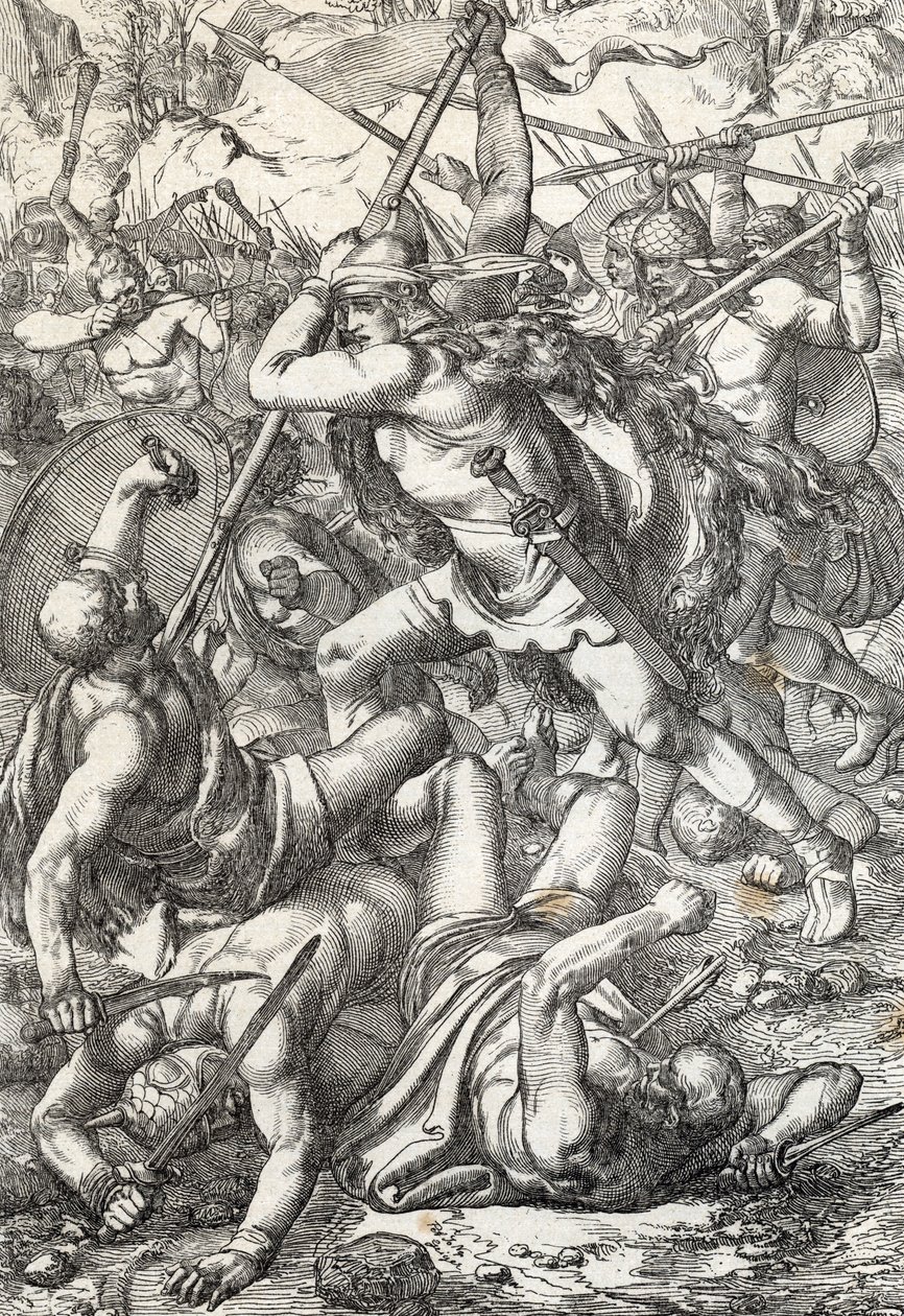 Darstellung von Pelagius dem Eroberer (Pelayo) (gestorben 737), König von Asturien, triumphierend gegen die Sarazenen, 719, Covadonga, Spanien von Peter Johann Nepomuck Geiger