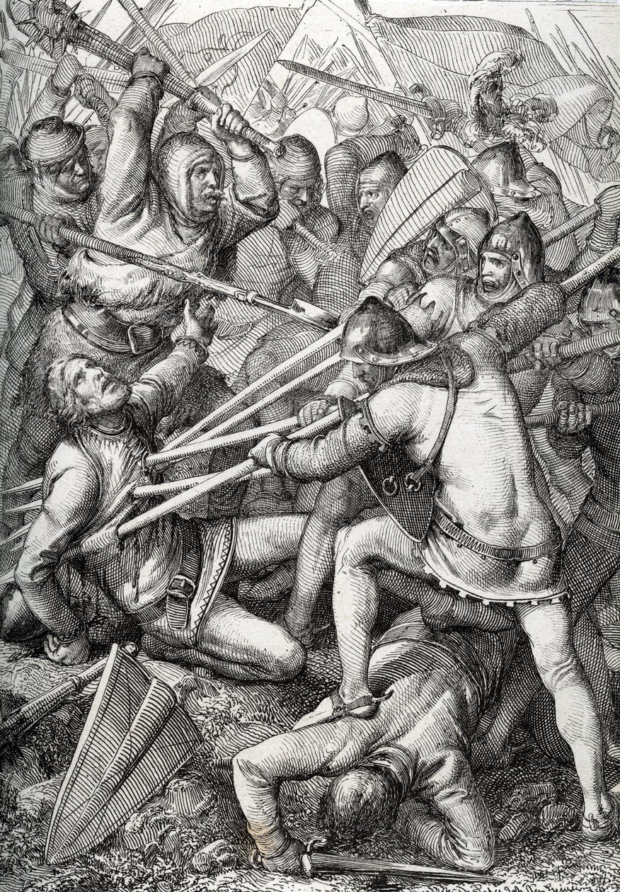 Die Schlacht von Sempach, 9. Juli 1386, zwischen Leopold III., Herzog von Österreich, und der Alten Eidgenossenschaft, Zeichnung von Anton Ziegler von Peter Johann Nepomuck Geiger