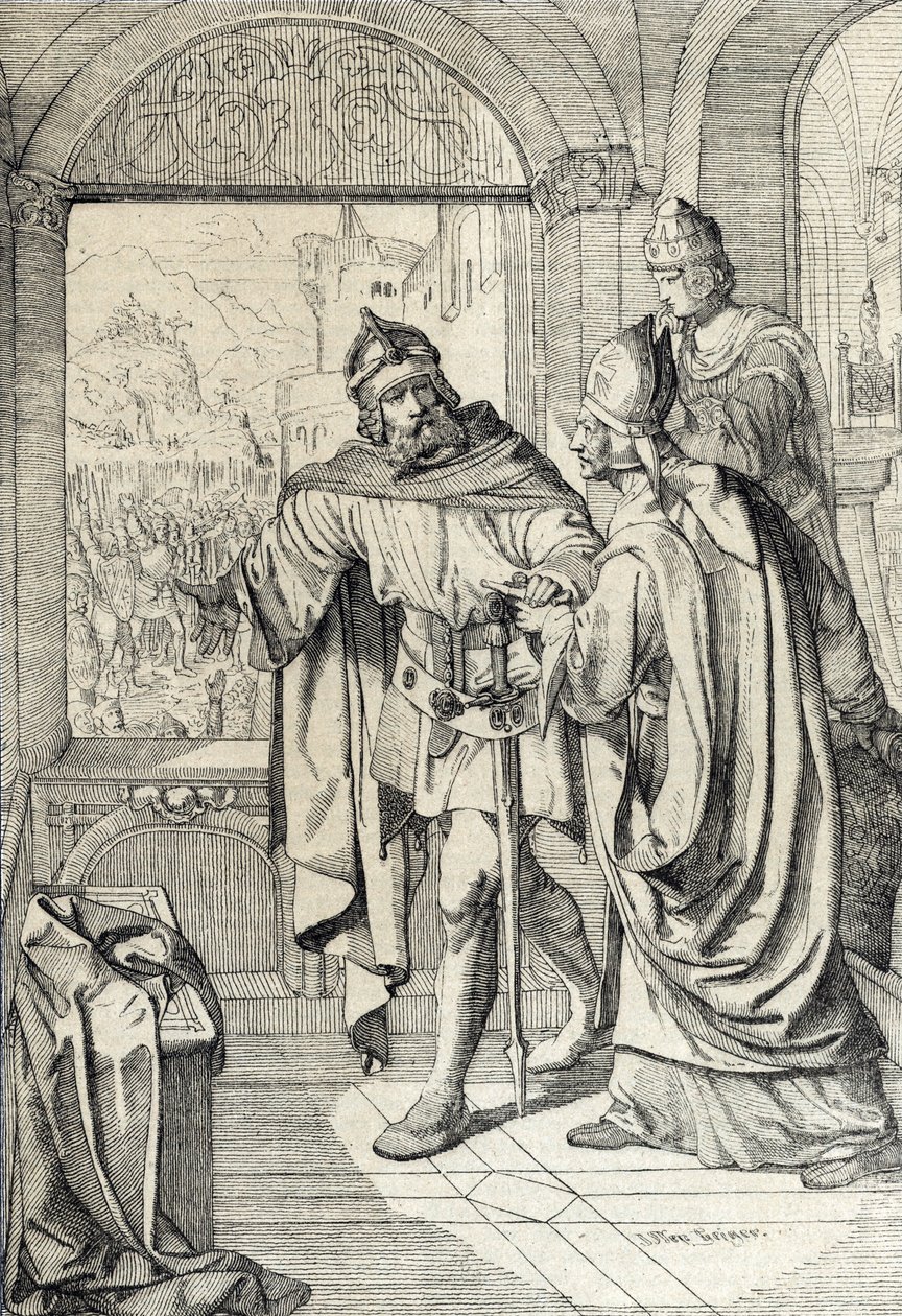 Die ersten Mitglieder der Habsburger Dynastie Radbot und der Bischof Werner zur Zeit des Baus der Habsburg in Aargau, Schweiz von Peter Johann Nepomuck Geiger