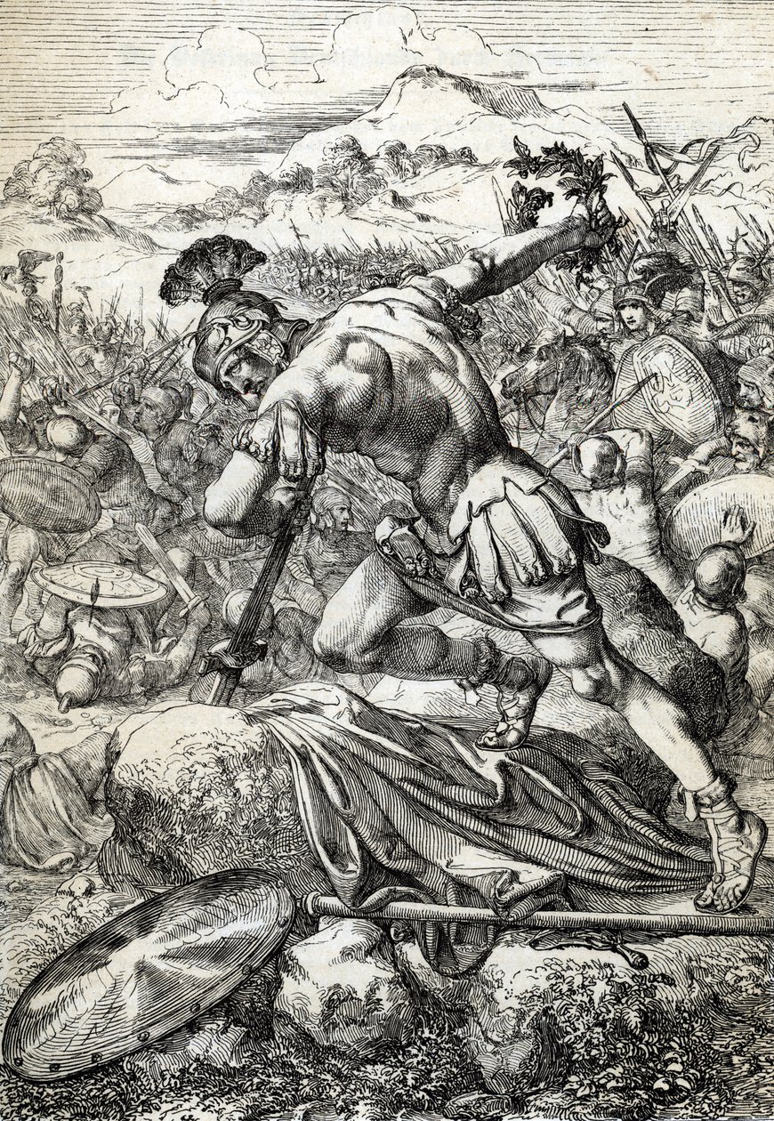 Der Selbstmord des römischen Generals Varus (Publius Quinctilius Varus) auf seinem Schwert in der Schlacht im Teutoburger Wald von Peter Johann Nepomuck Geiger