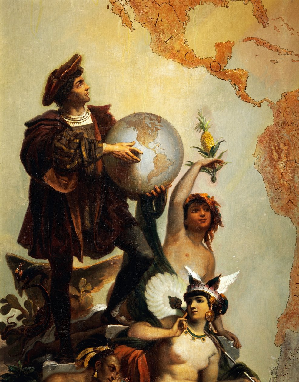 Christoph Kolumbus (1451-1506), Detail aus Allegorie auf Karl V. von Habsburg (1500-1558) als Herrscher der Welt, Gemälde von Peter Johann Nepomuk Geiger (1805-1880), Thronsaal, Schloss Miramare, Triest, Friaul-Julisch Venetien, Italien von Peter Johann Nepomuk Geiger