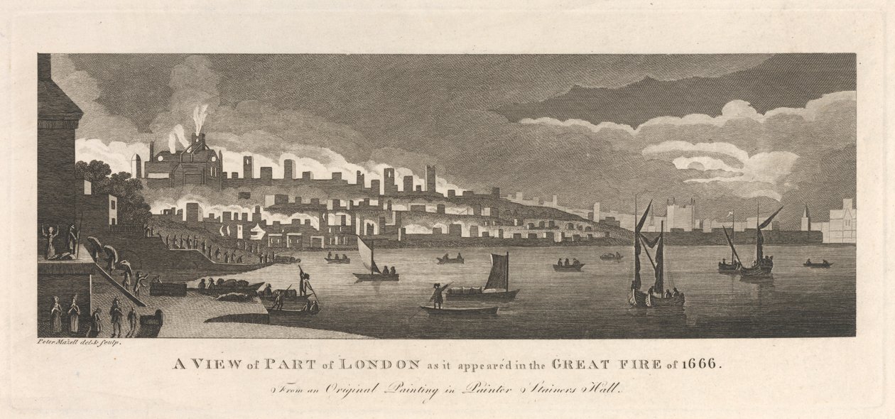 Ansicht eines Teils von London, wie es im Großen Brand von 1666 erschien von Peter Mazell