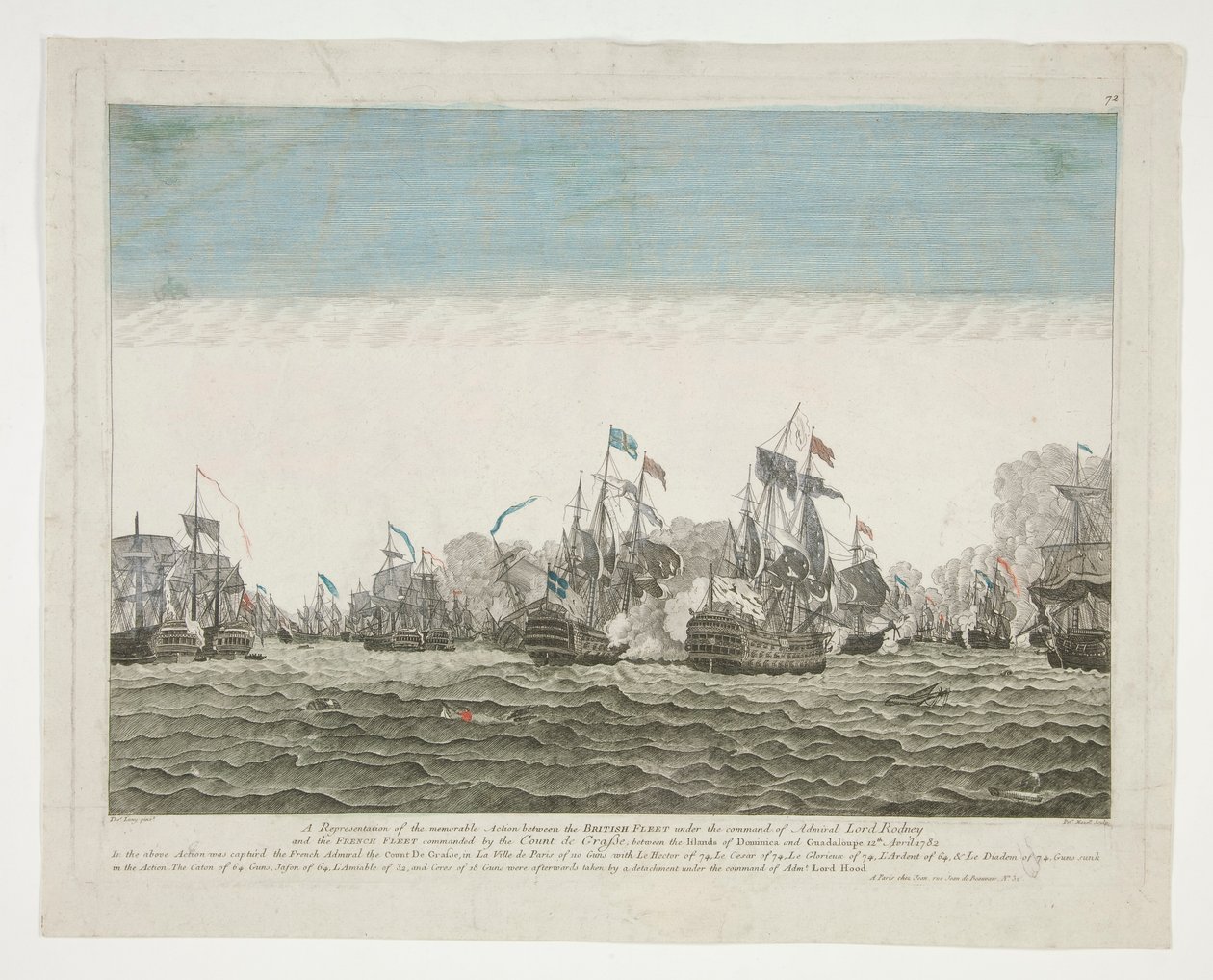 Eine Darstellung der denkwürdigen Aktion zwischen der britischen Flotte unter dem Kommando von Admiral Lord Rodney und der französischen Flotte unter dem Kommando des Grafen de Graffe, zwischen den Inseln Dominica und Guadeloupe am 12. April 1782 von Peter Mazell