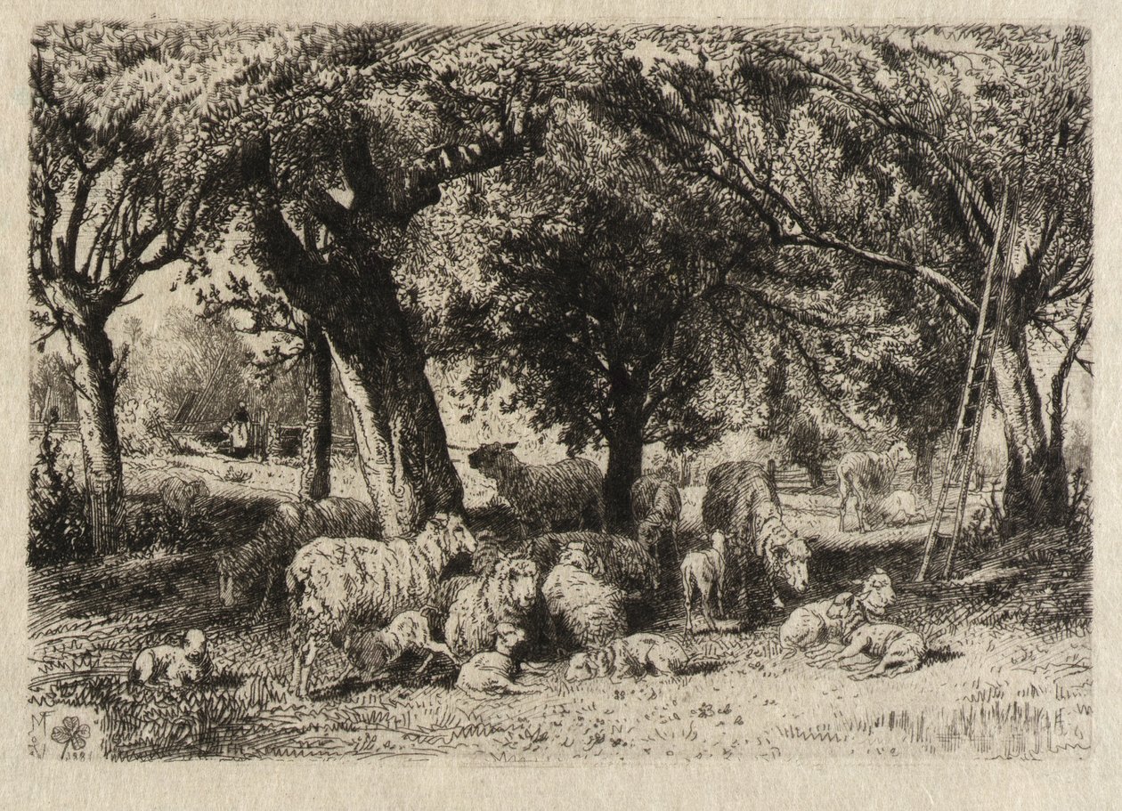 Schafe in einem Obstgarten von Peter Moran