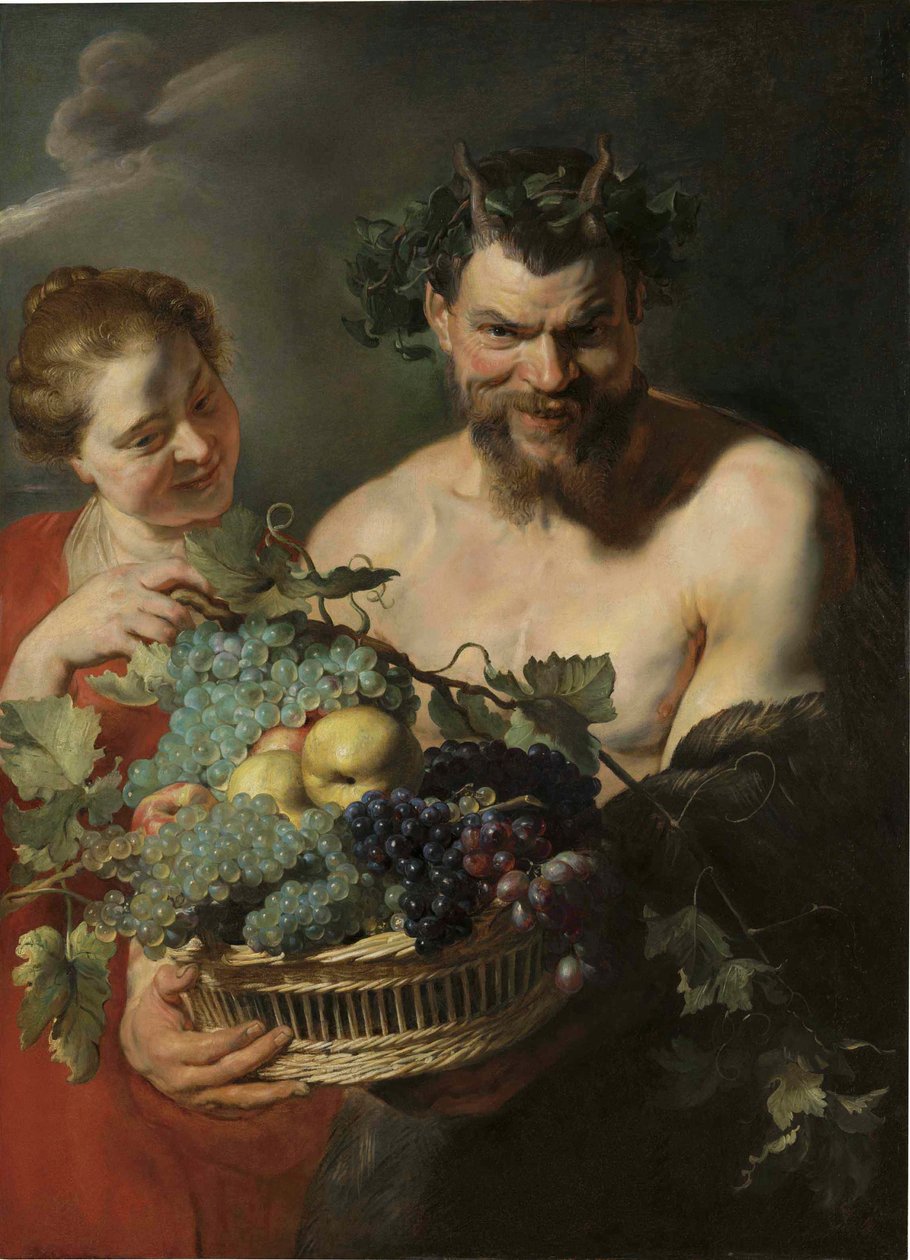 Ein Satyr hält einen Korb mit Trauben und Quitten mit einer Nymphe, von Peter Paul Rubens von Peter Paul Rubens