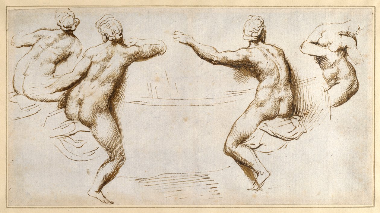 Vier weibliche Akte um ein Becken (Feder & Tinte auf Papier) von Peter Paul Rubens