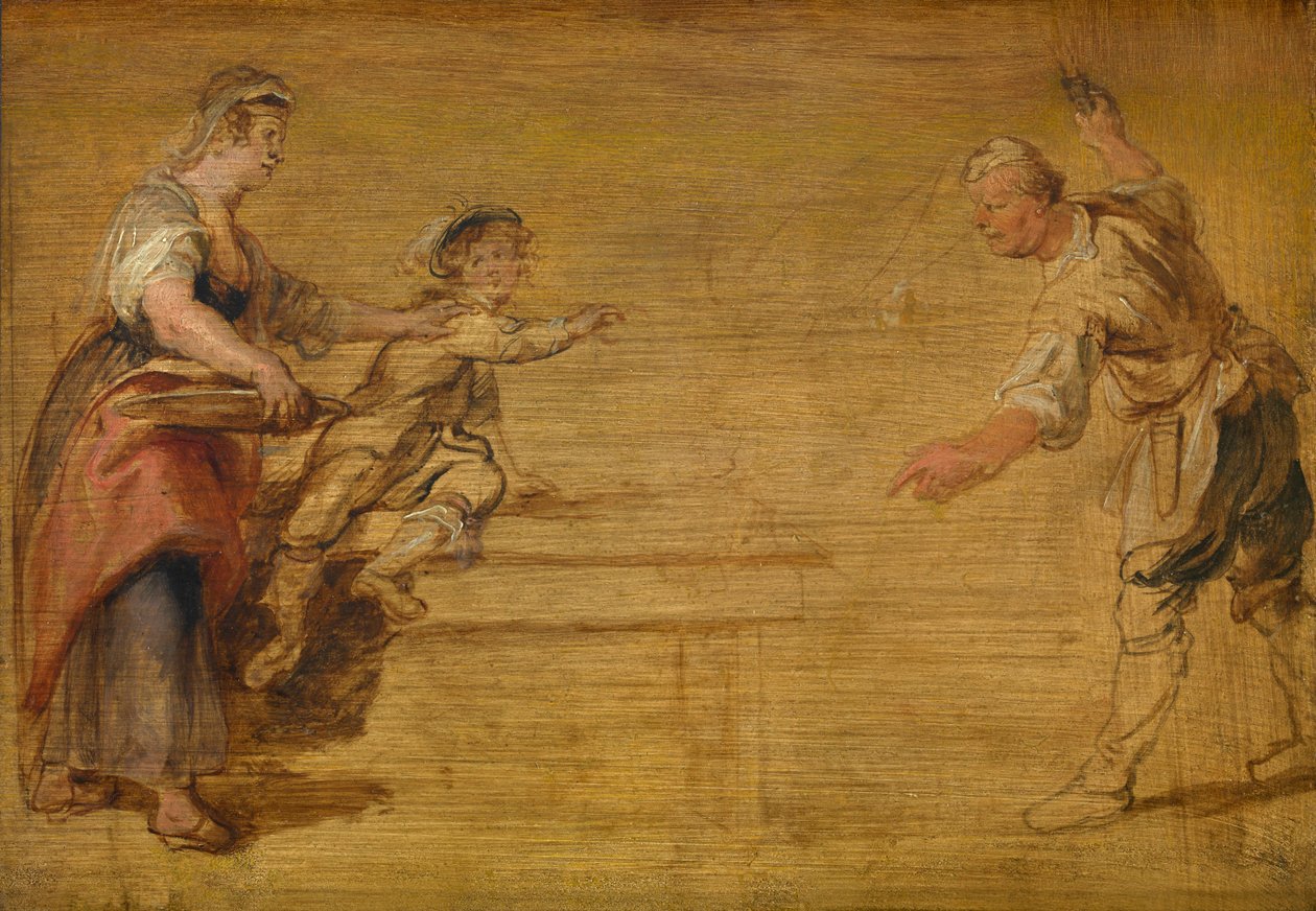 Küchenmagd, Metzger und Junge um einen Tisch von Peter Paul Rubens