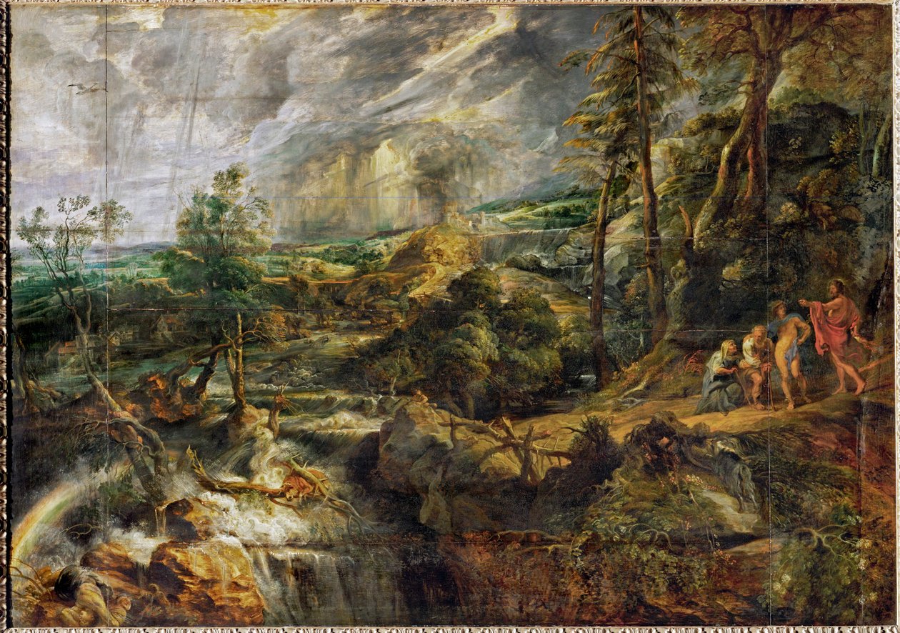 Landschaft in einem Gewitter mit Philemon und Baucis, Jupiter und Merkur, ca. 1620 von Peter Paul Rubens