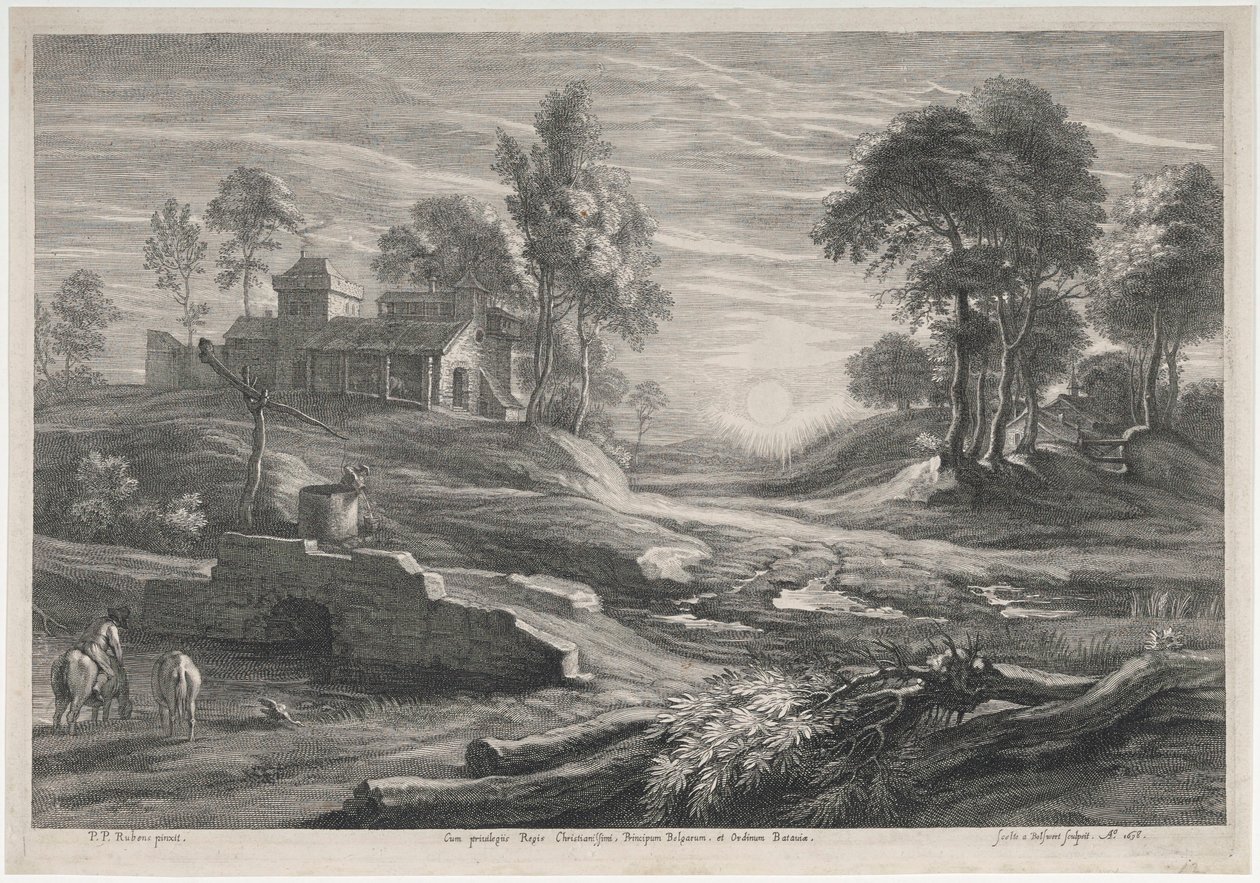 Landschaft mit Sonnenuntergang und zwei Bauernhäusern von Peter Paul Rubens