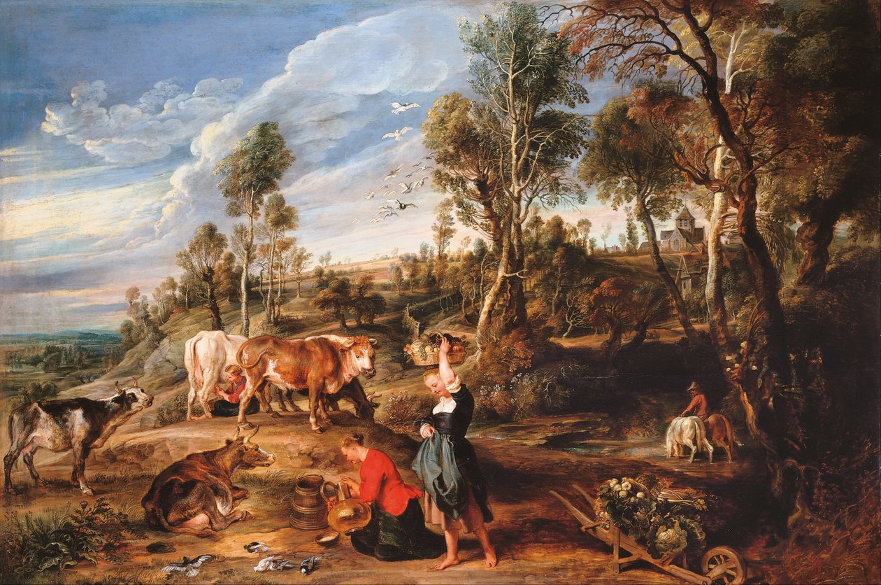 Melkerinnen mit Vieh in einer Landschaft, „Der Bauernhof in Laken“ von Peter Paul Rubens