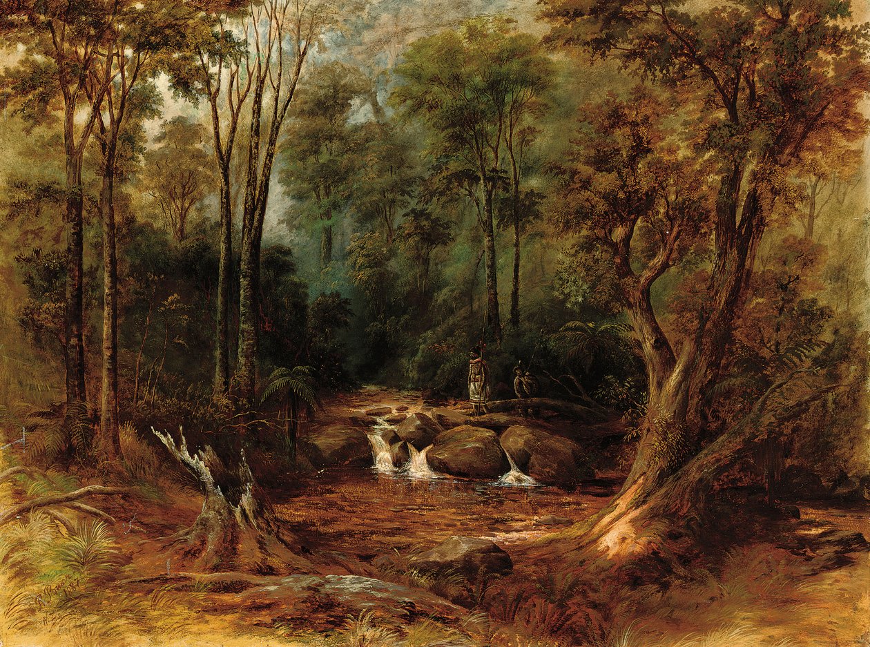 Maoris überqueren einen Waldstrom, 1887 von Peter Power