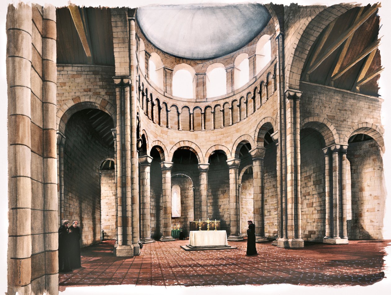 Innenraum der Battle Abbey Kirche, Sussex, im 12. Jahrhundert von Peter Urmston