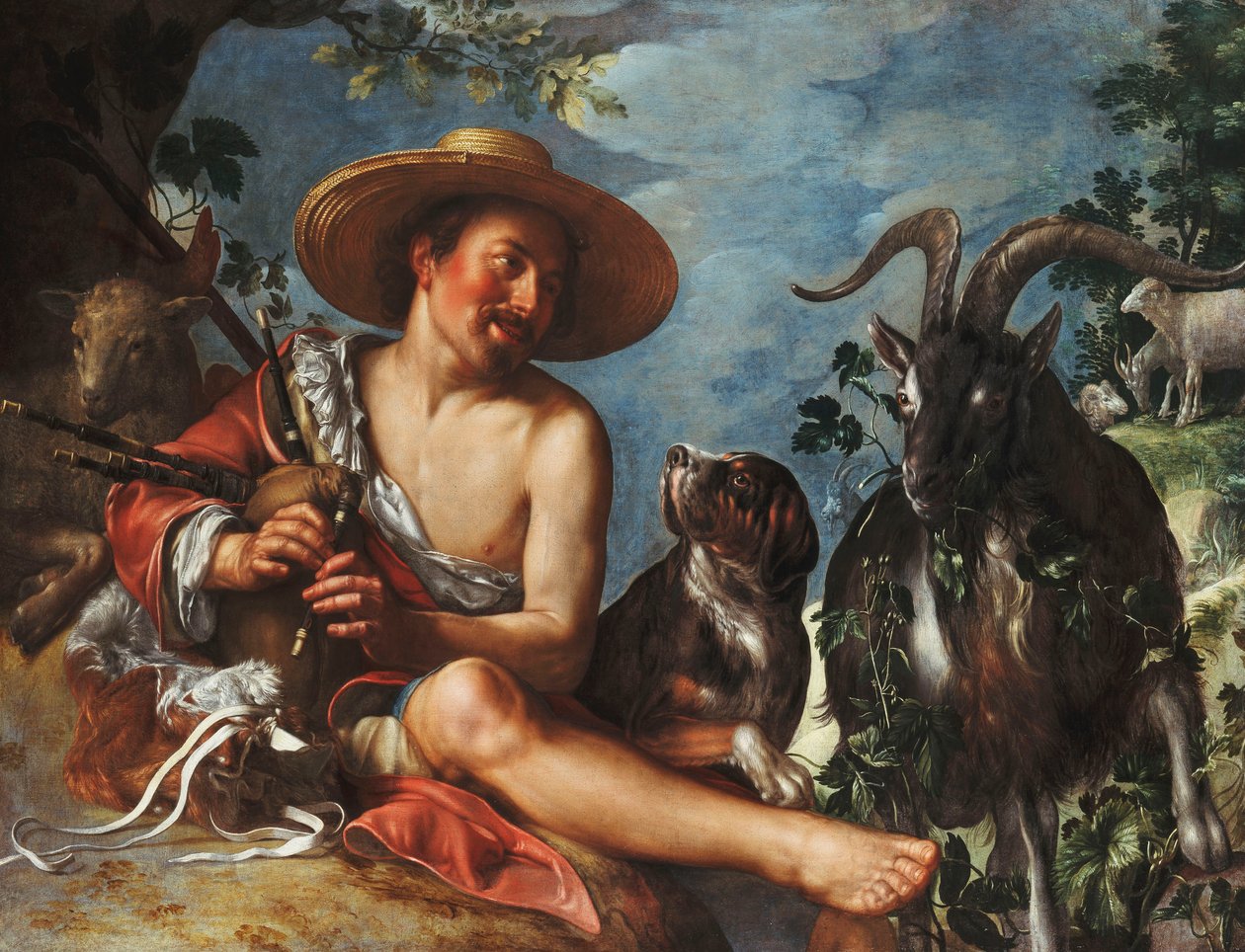 Ein Hirte, der auf einem Hügel Flöte spielt, ein Hund und seine Herde in der Nähe von Peter Wtewael