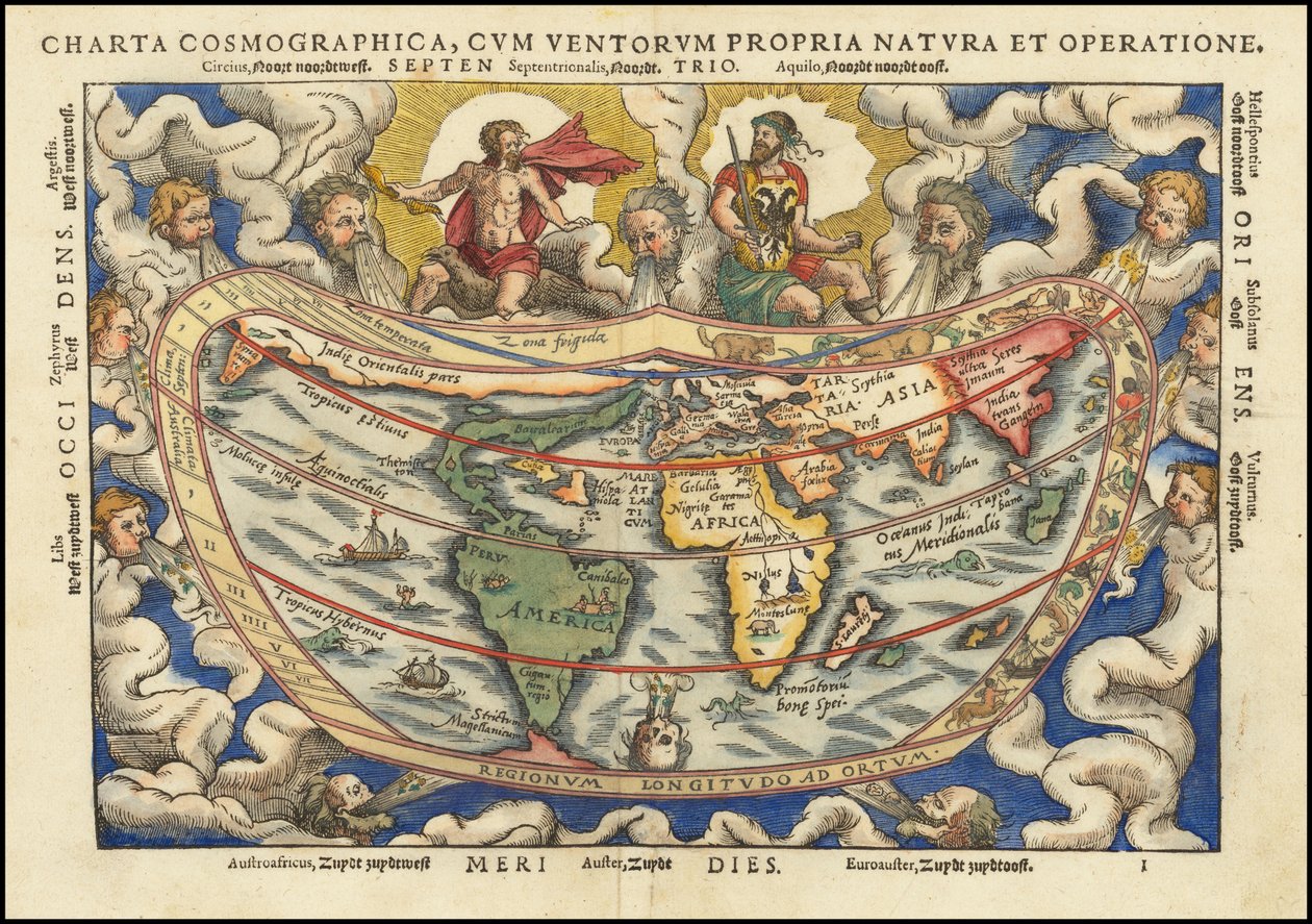 1553 Weltkarte - Charta Cosmographica, Cum Ventorum Propria Natura et Operatione von Petrus Apianus