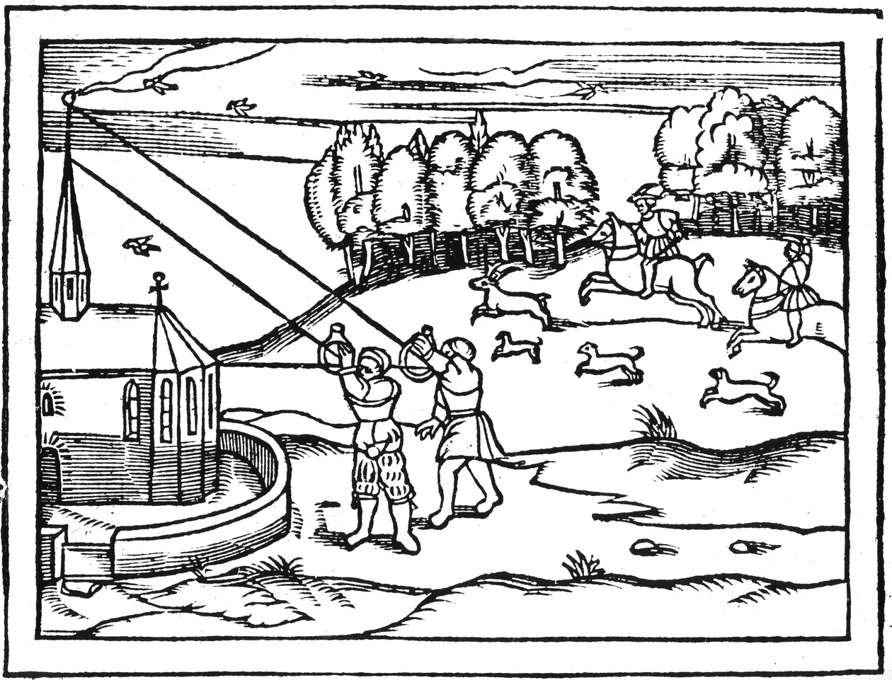 Verwendung von Astrolabien zur Berechnung der Höhe eines Kirchturms, 1539 von Petrus Apianus